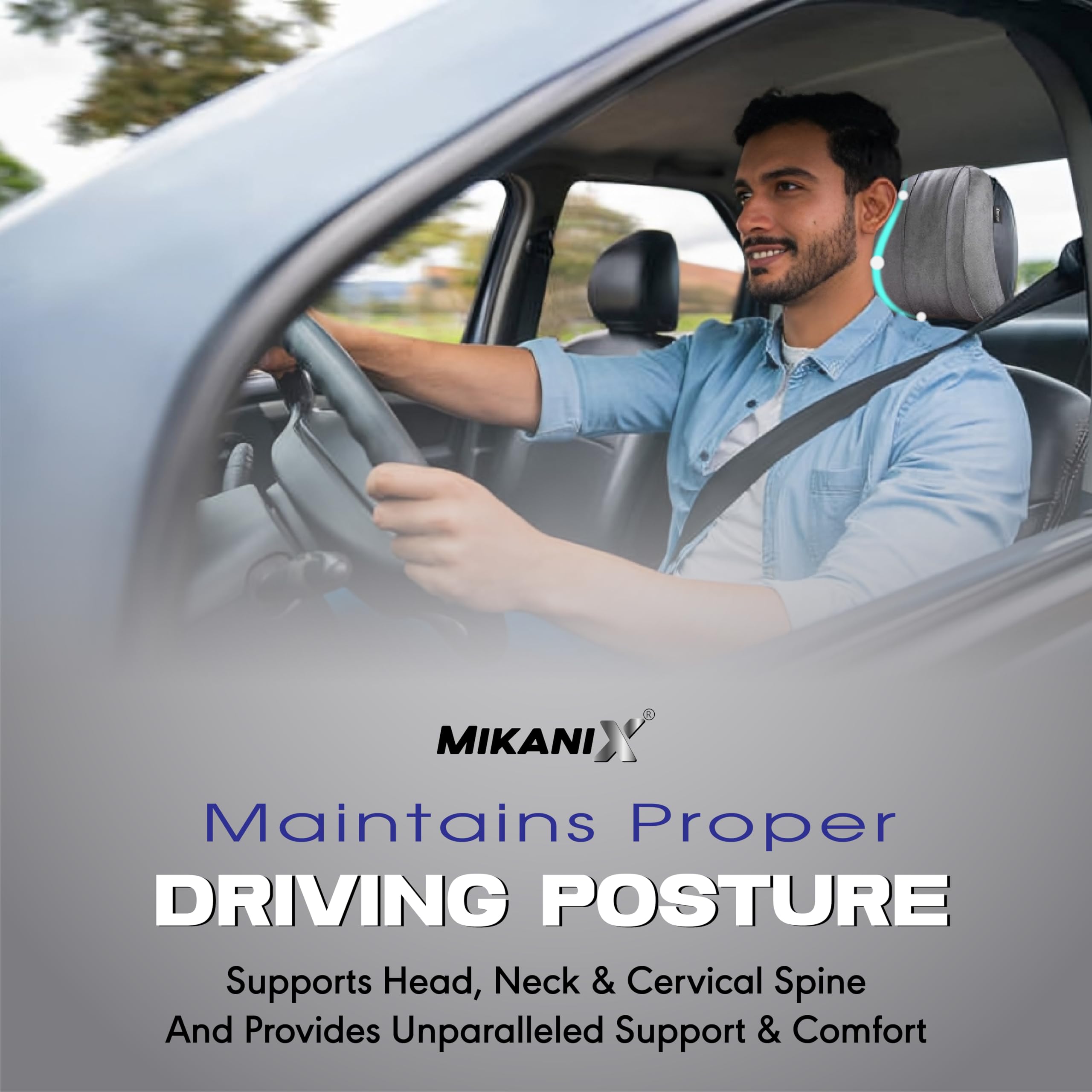 MIKANIX Car Headrest Pillow | Polyfill Fiber Cotton Neck/Head Support Cushion | Ergonomic Travel Headrest | Comfortable Car Seat Pillow | Breathable Soft Cover | Universal Fit (Grey)