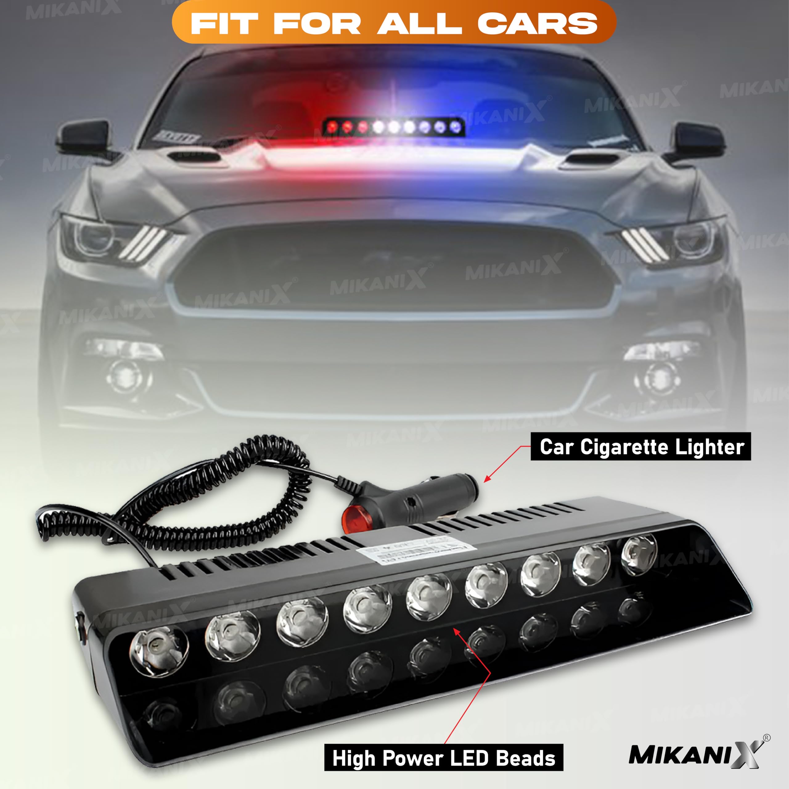MIKANIX 9 LED Red & Blue Police PCR Strobe Flasher Light With 11 Flashing Mode | Warning & Emergency Lamp Light for All Cars