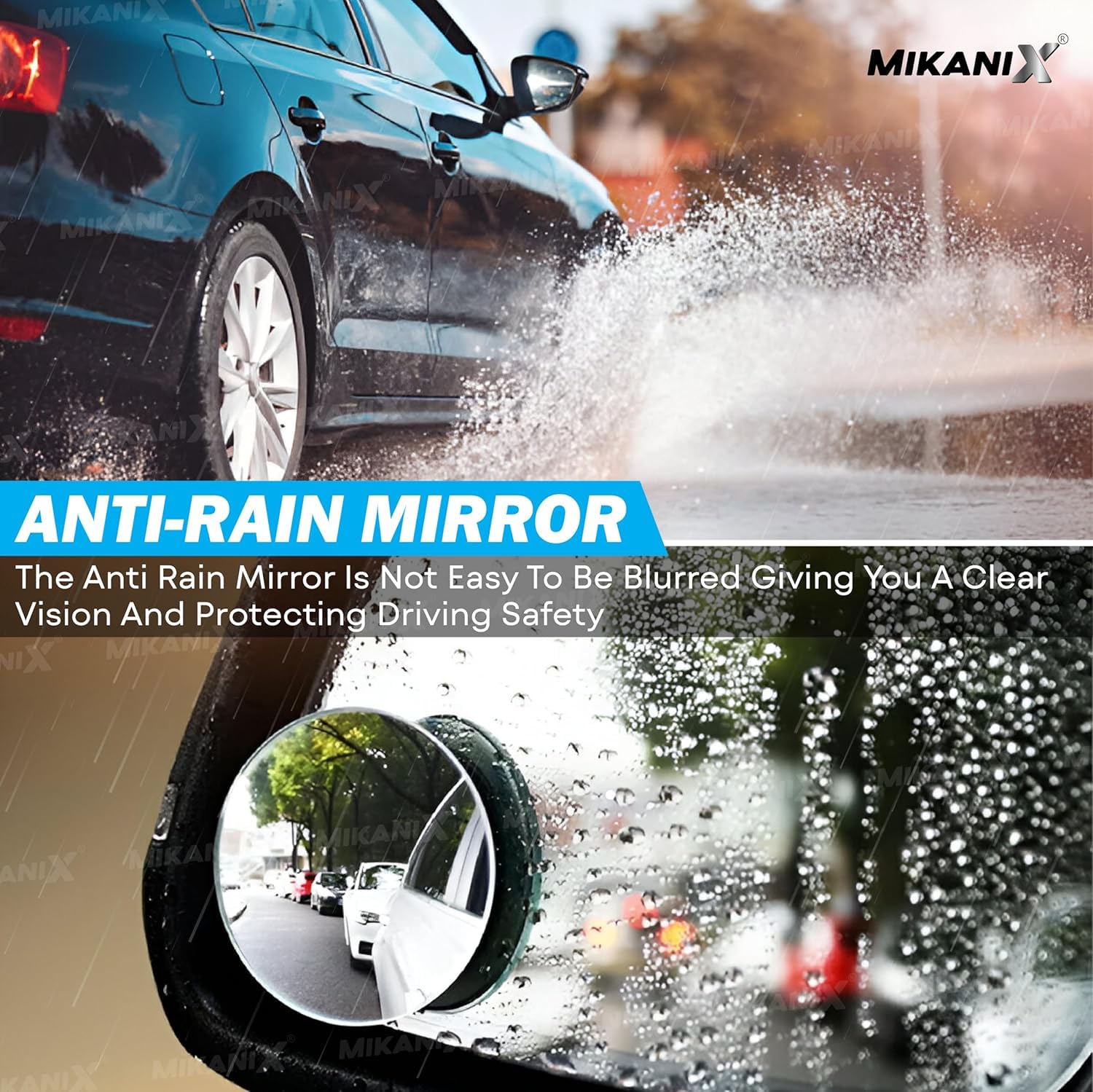 MIKANIX Car Blind Spot Mirror & Bike Anti-Rain Mirror Film with Microfiber Cleaning Cloth | 360° Adjustable Wide Angle Rear View Mirror | Waterproof Anti-Fog Film for Clear Vision
