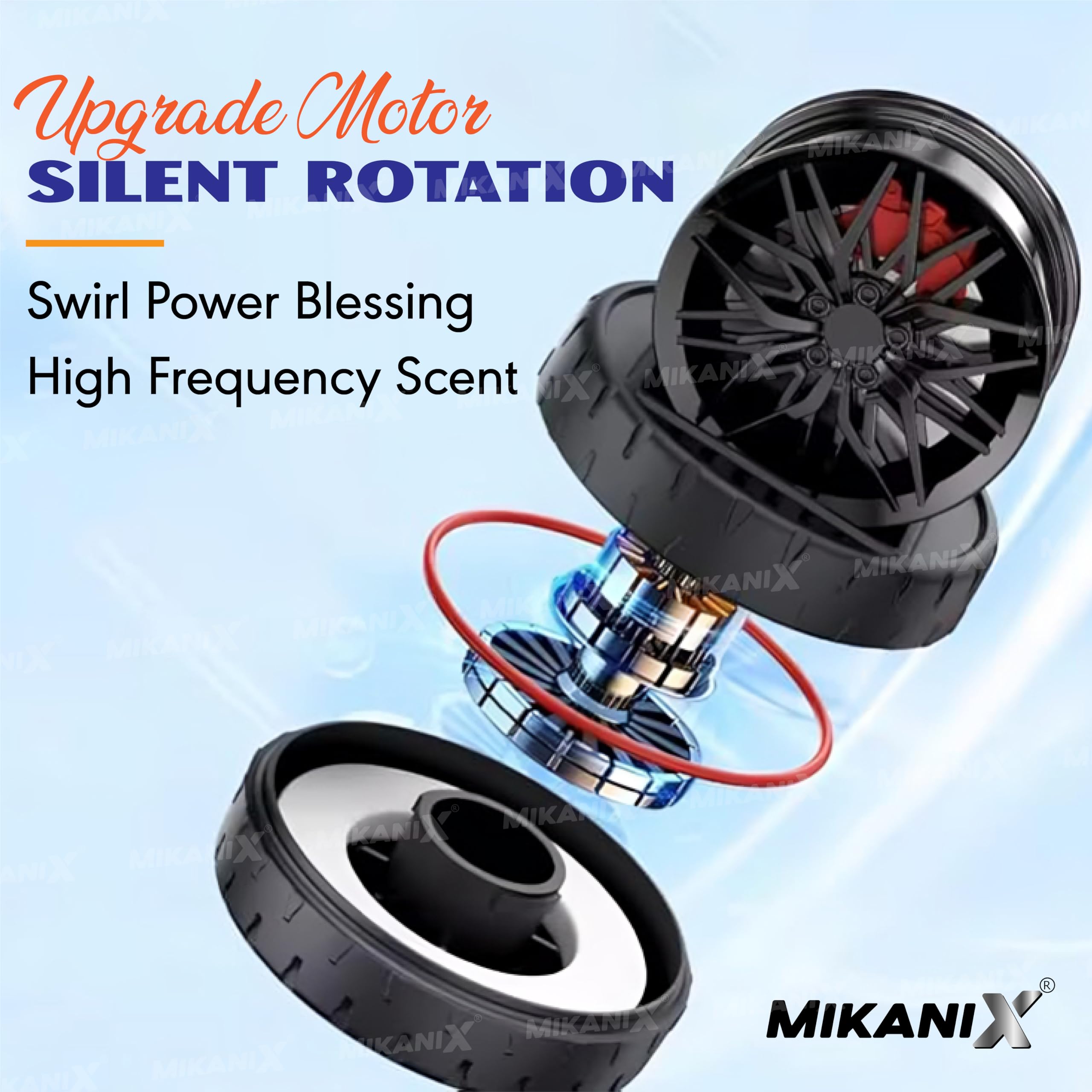 Mikanix Solar Rotating Car Dashboard Air Freshener/Perfume Diffuser | Metal Body & Alloy Wheel Hub Design with Perfume Liquid for Car Interior Decoration Accessories