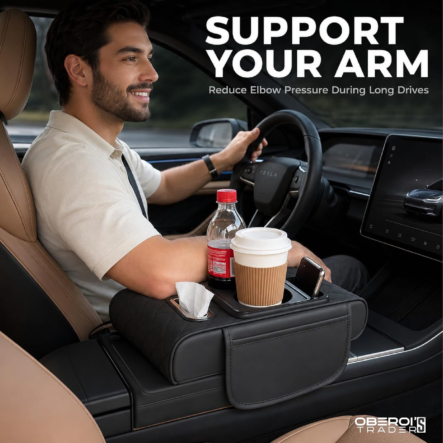 MIKANIX  Premium Car Armrest Cushion with Cup Holder | Leather Center Console Organizer Pad for Auto Interior