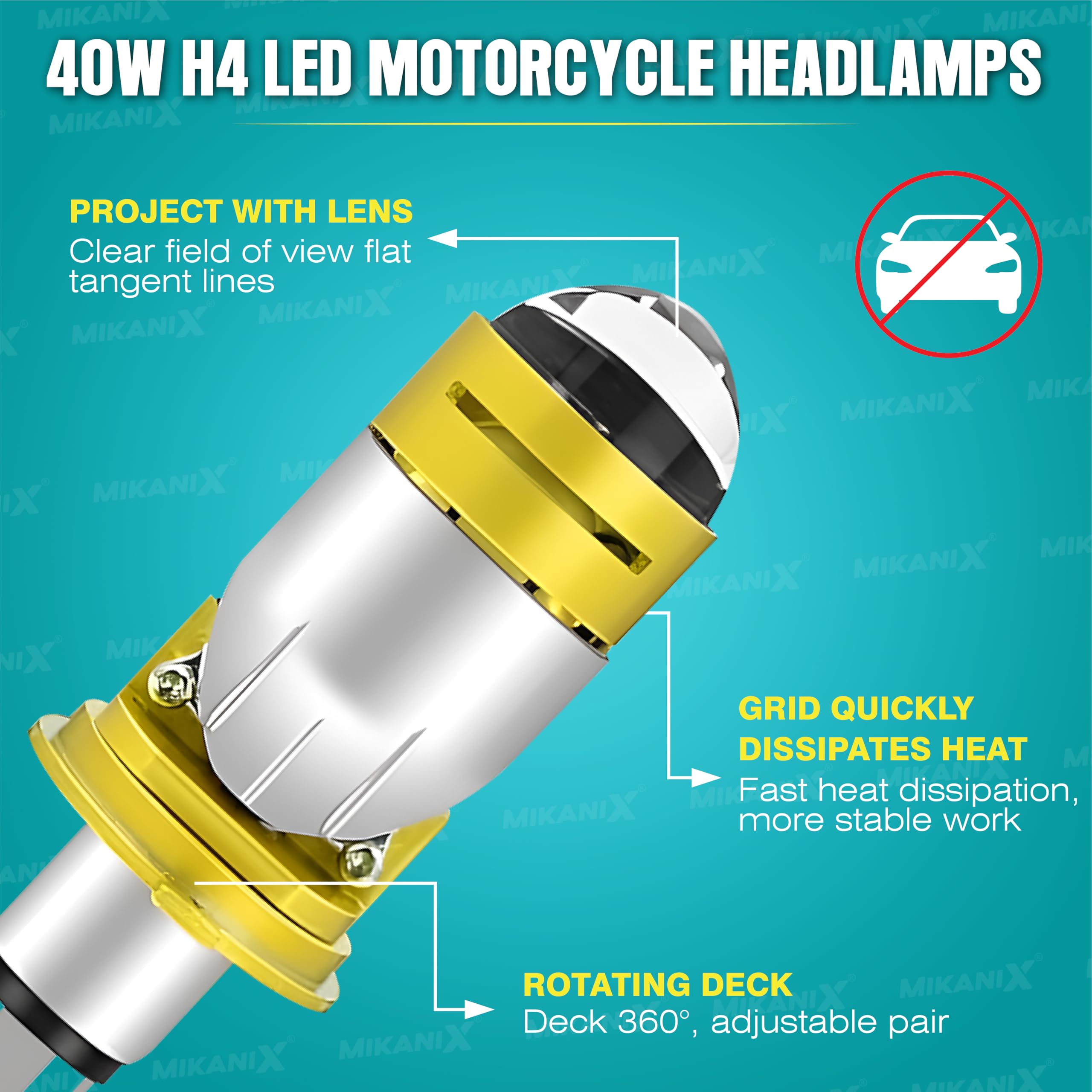 MIKANIX Ultra Bright Led Headlight Bulb/Headlamp Projector With HD Condenser Lens | High & Low Beam | Universal for Bikes & Scooty , Silver