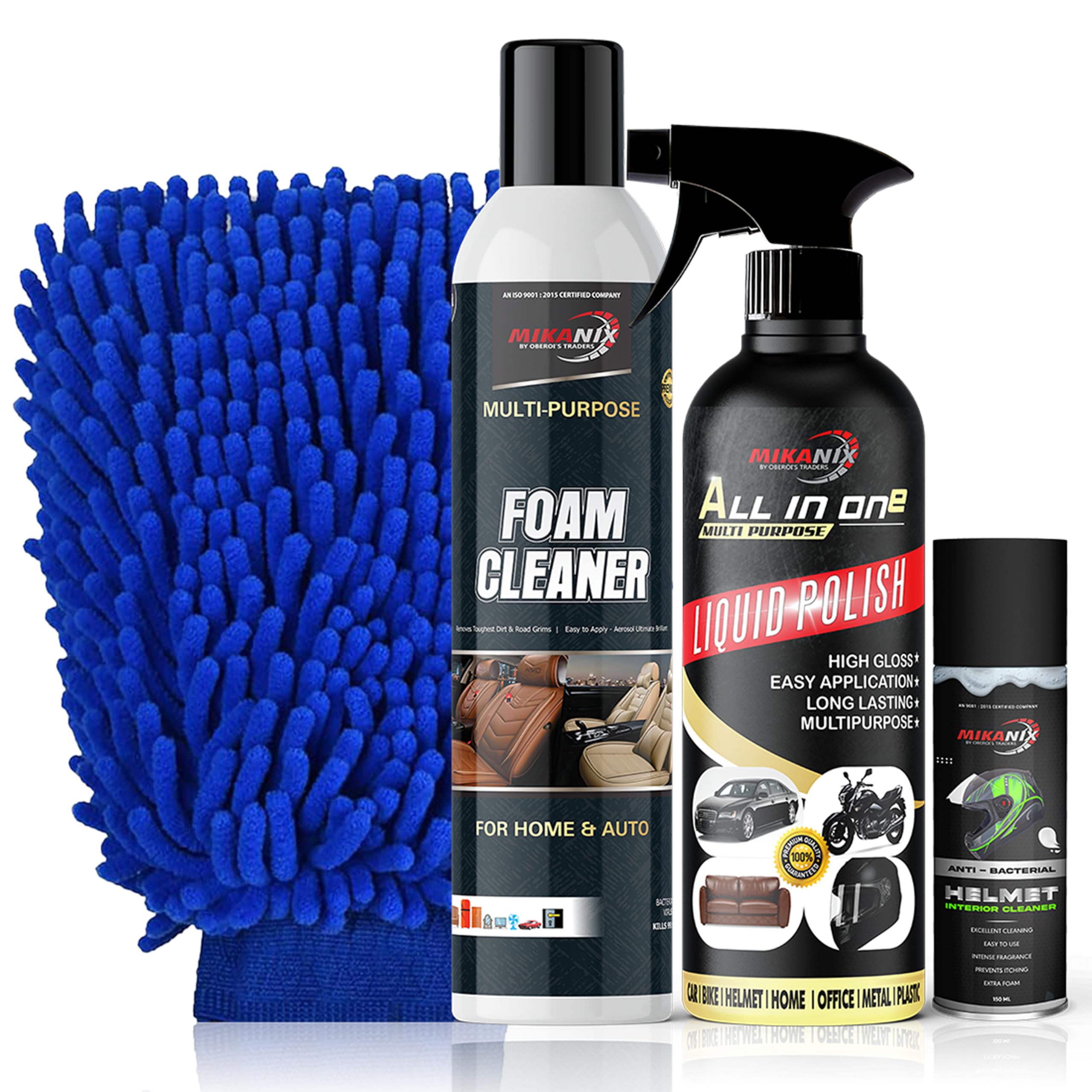 MIKANIX Combo of Chenille Microfiber Dual-Sided Car Duster Glove + Helmet Foam + Car & Bike Polish + Foam Cleaner Spray