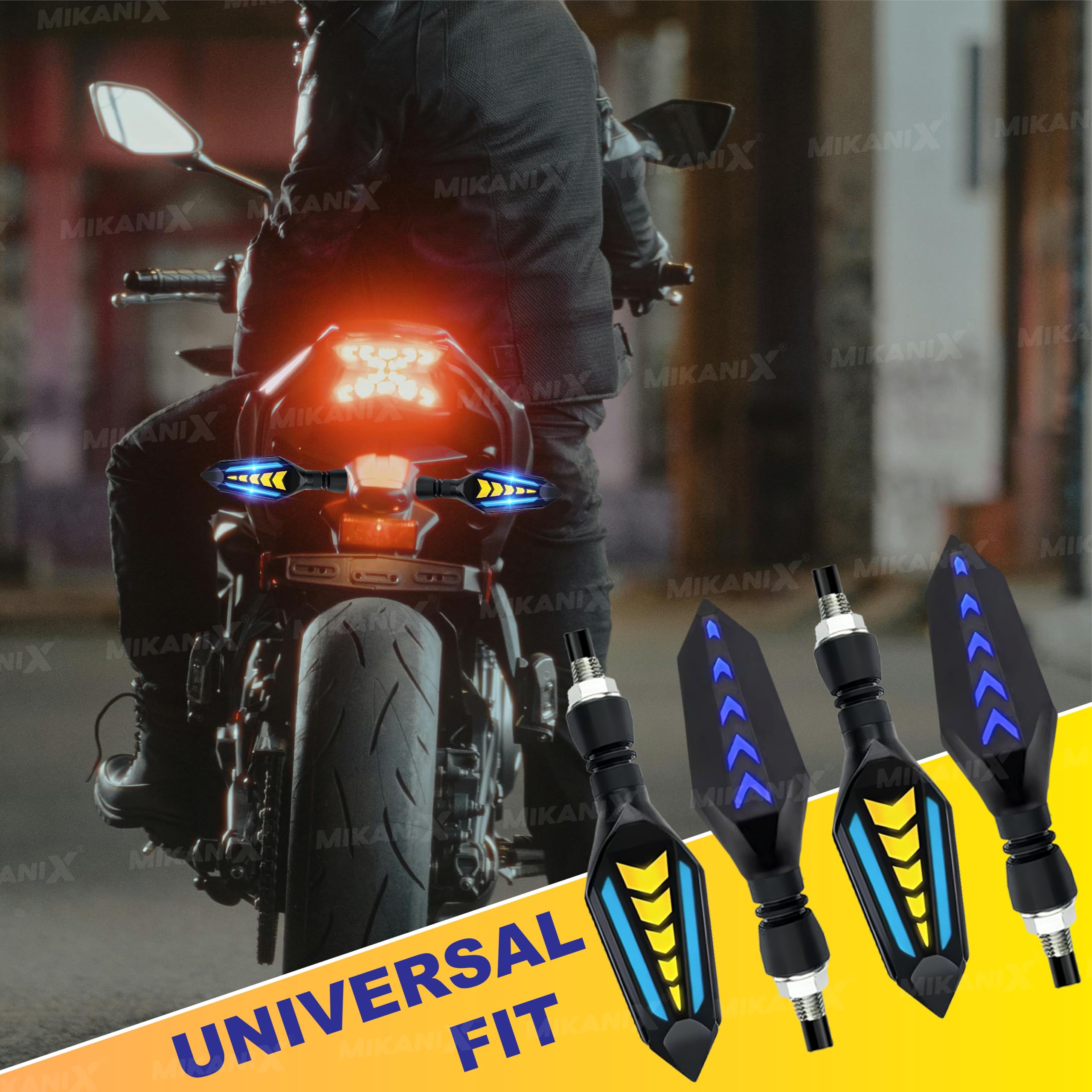 MIKANIX Universal Yellow/Blue LED Running Light DRL Bike Turn Signal Indicator Lamp Universal for Motorbikes