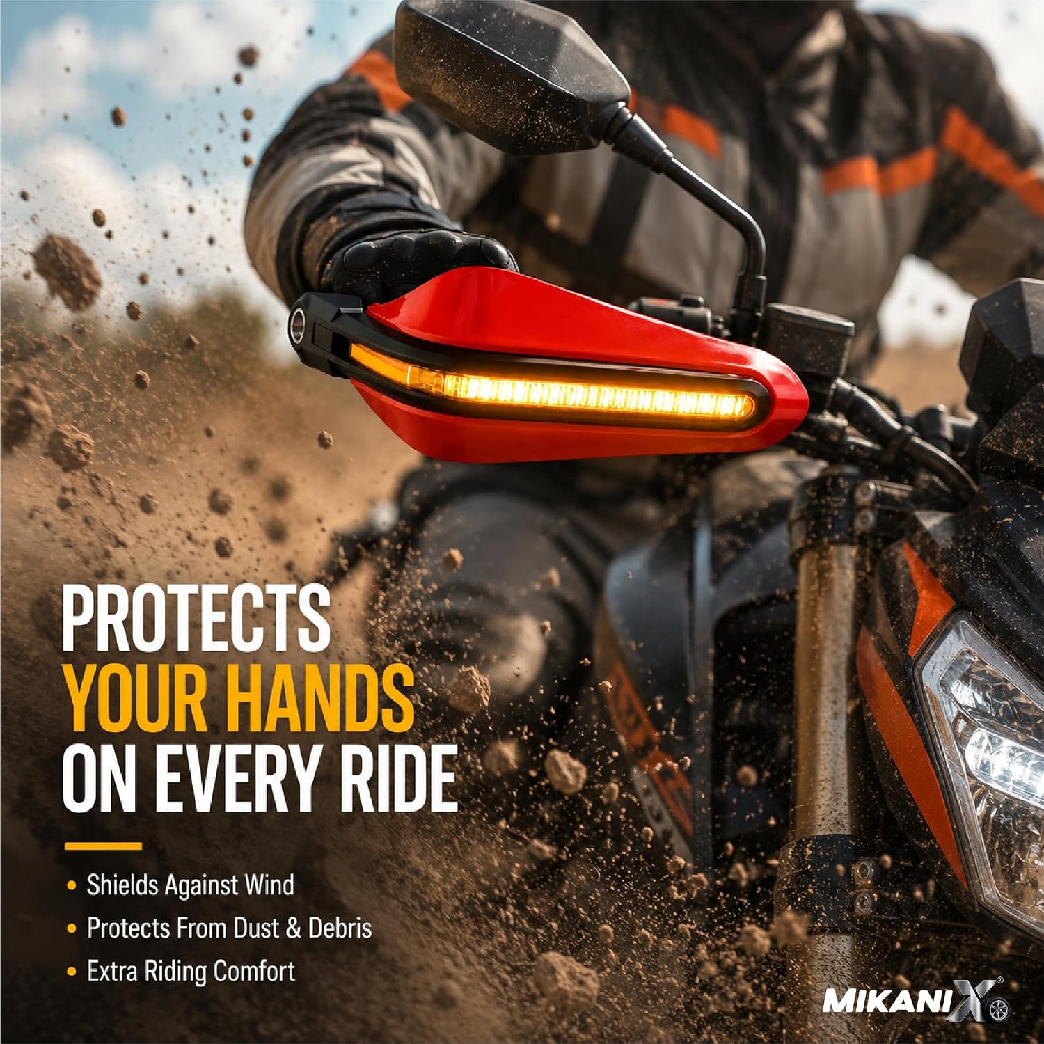 MIKANIX Universal Motorcycle Hand Guard with DRL LED Light | Brake & Clutch Lever Protector | Wind Deflector Hand Guard for All Bikes & Motorcycles