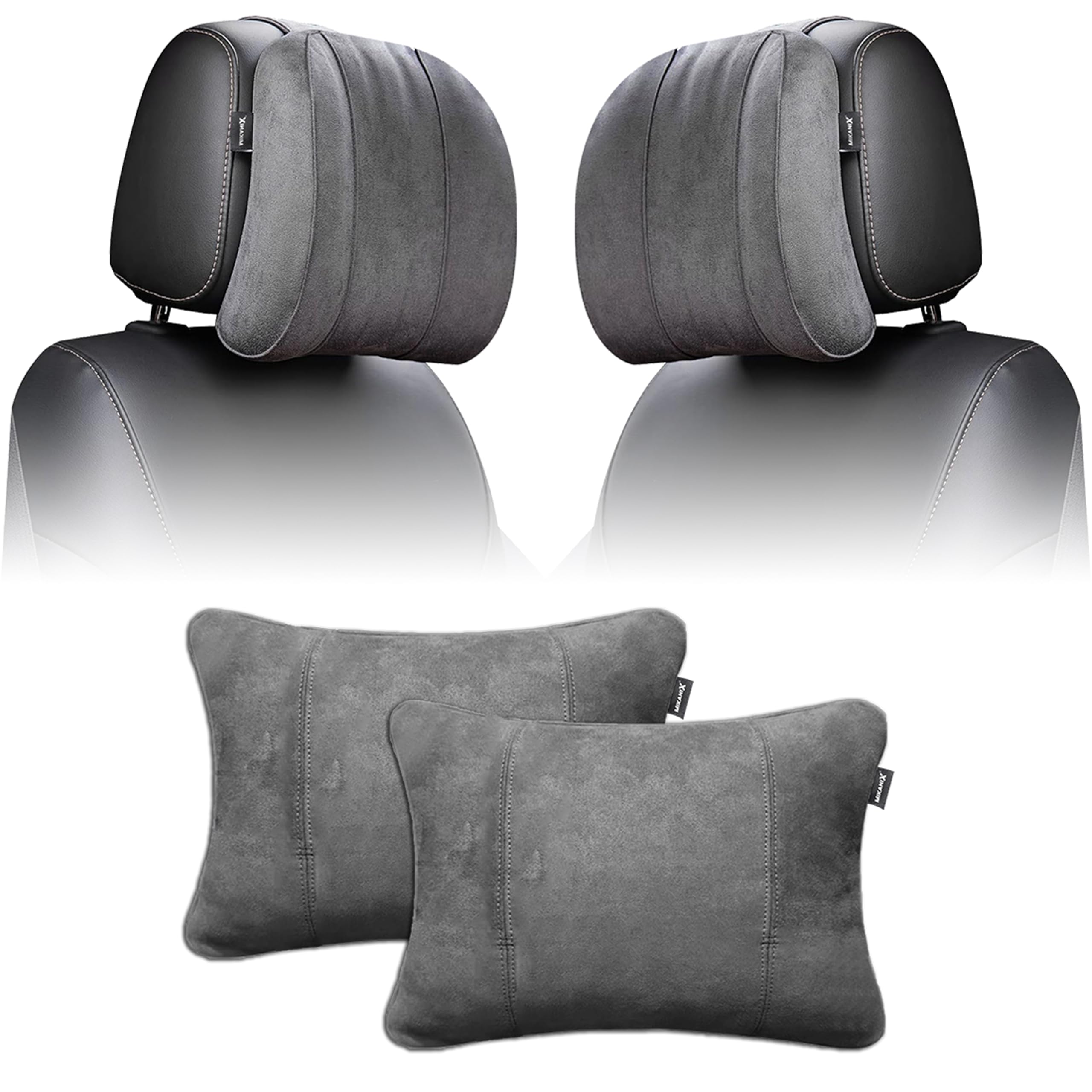 MIKANIX Car Headrest Pillow | Polyfill Fiber Cotton Neck/Head Support Cushion | Ergonomic Travel Headrest | Comfortable Car Seat Pillow | Breathable Soft Cover | Universal Fit (4 Grey)
