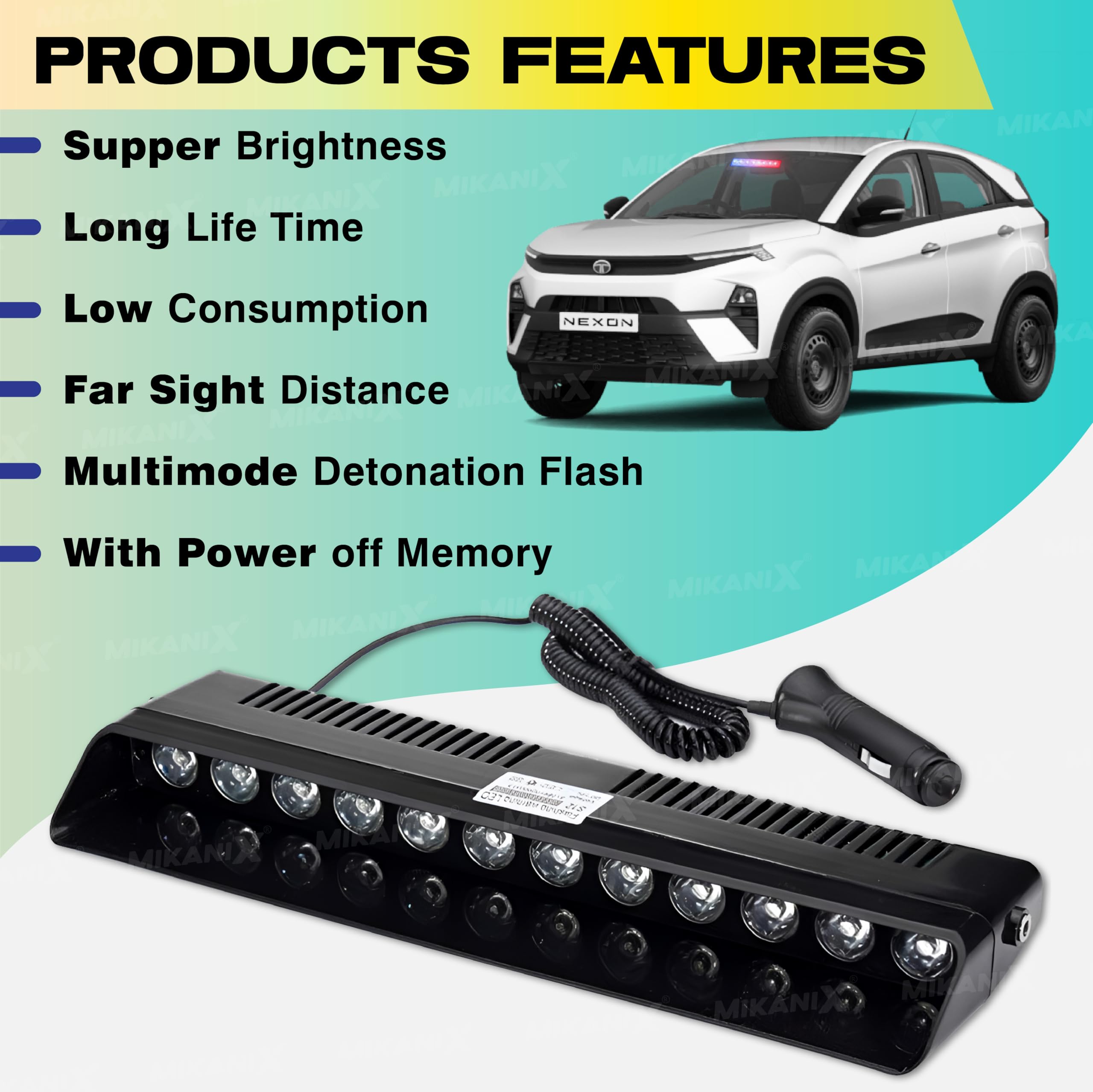 MIKANIX 12 LED Red & Blue Police PCR Strobe Flasher Light With 11 Flashing Mode | Warning & Emergency Lamp Light for All Cars