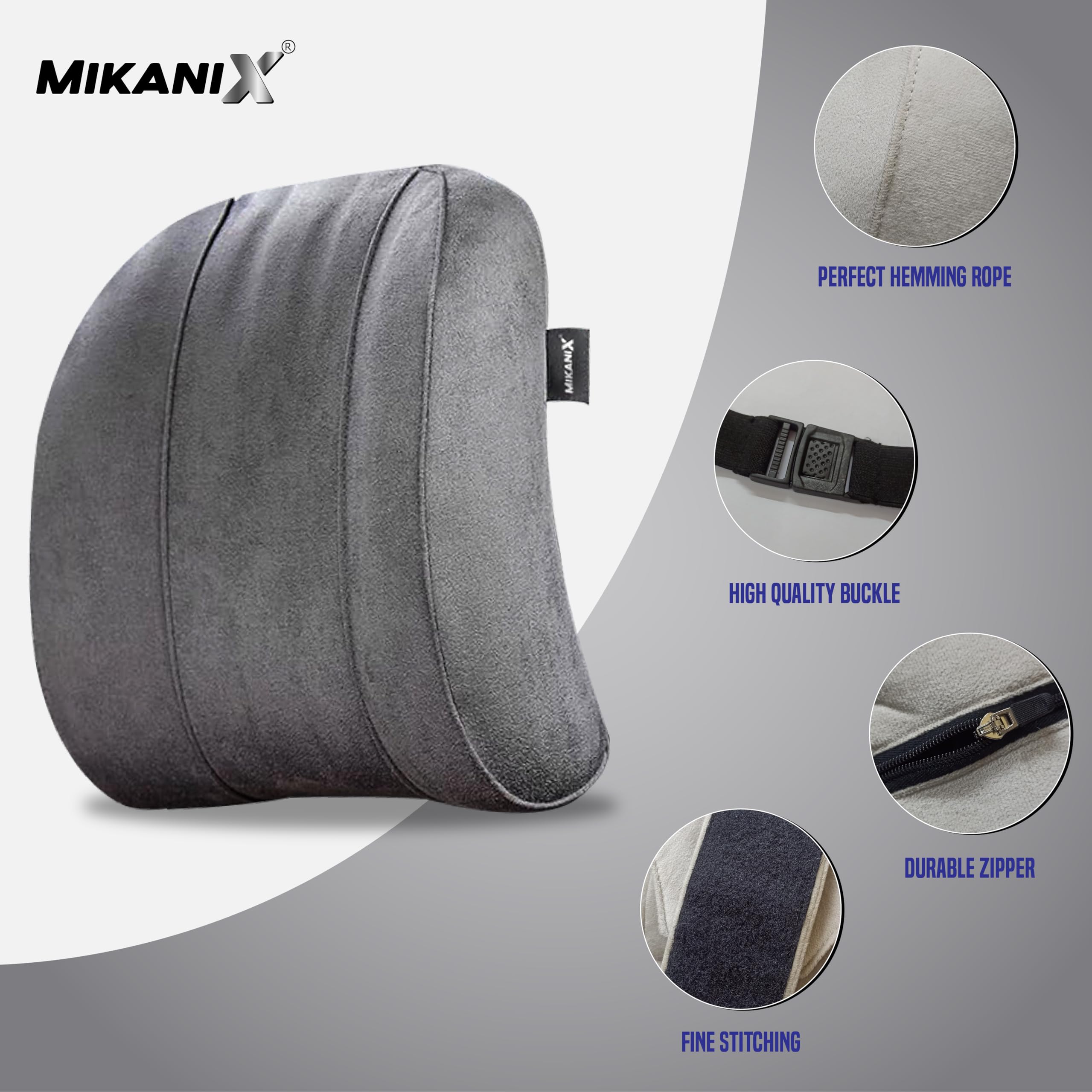 MIKANIX Car Headrest Pillow | Polyfill Fiber Cotton Neck/Head Support Cushion | Ergonomic Travel Headrest | Comfortable Car Seat Pillow | Breathable Soft Cover | Universal Fit (Grey)