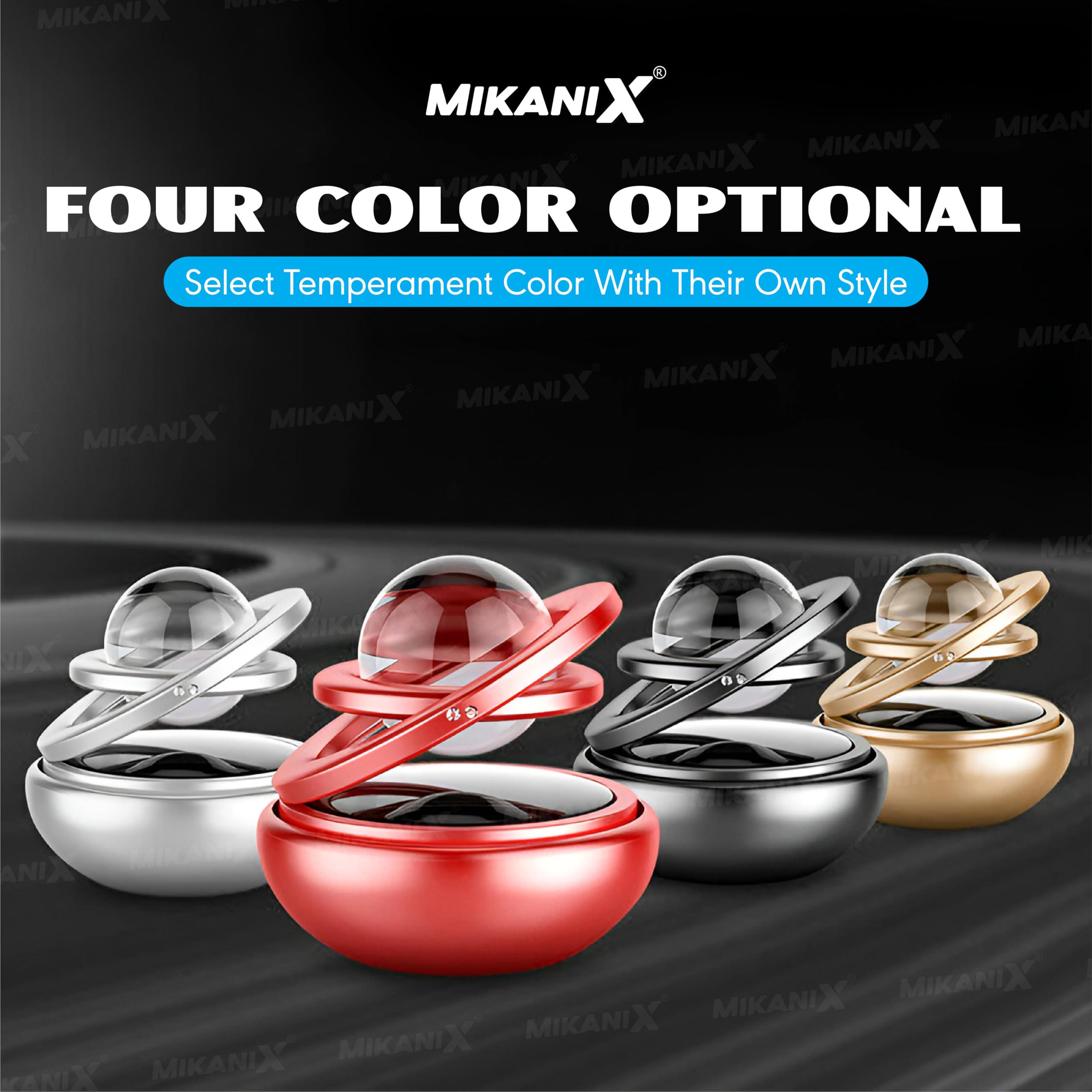 Mikanix Solar Energy Rotating Car Dashboard Air Freshener/Perfume Diffuser/Dispenser | Alloy Body & Crystal Design With Perfume Liquid For Car Interior & Home Air Freshener (Black), Pack Of 1