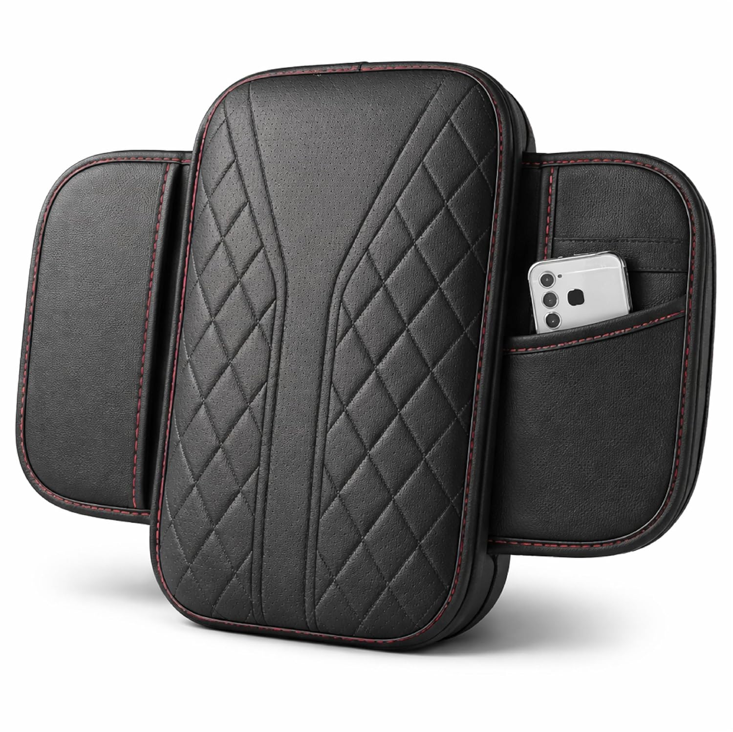 MIKANIX  Premium Car Seat Arm Rest Pad | PU Leather Center Console Cushion with Dual Phone Pockets | Arm Support & Seat Box Protector | Universal Fit for SUV, Truck, Car