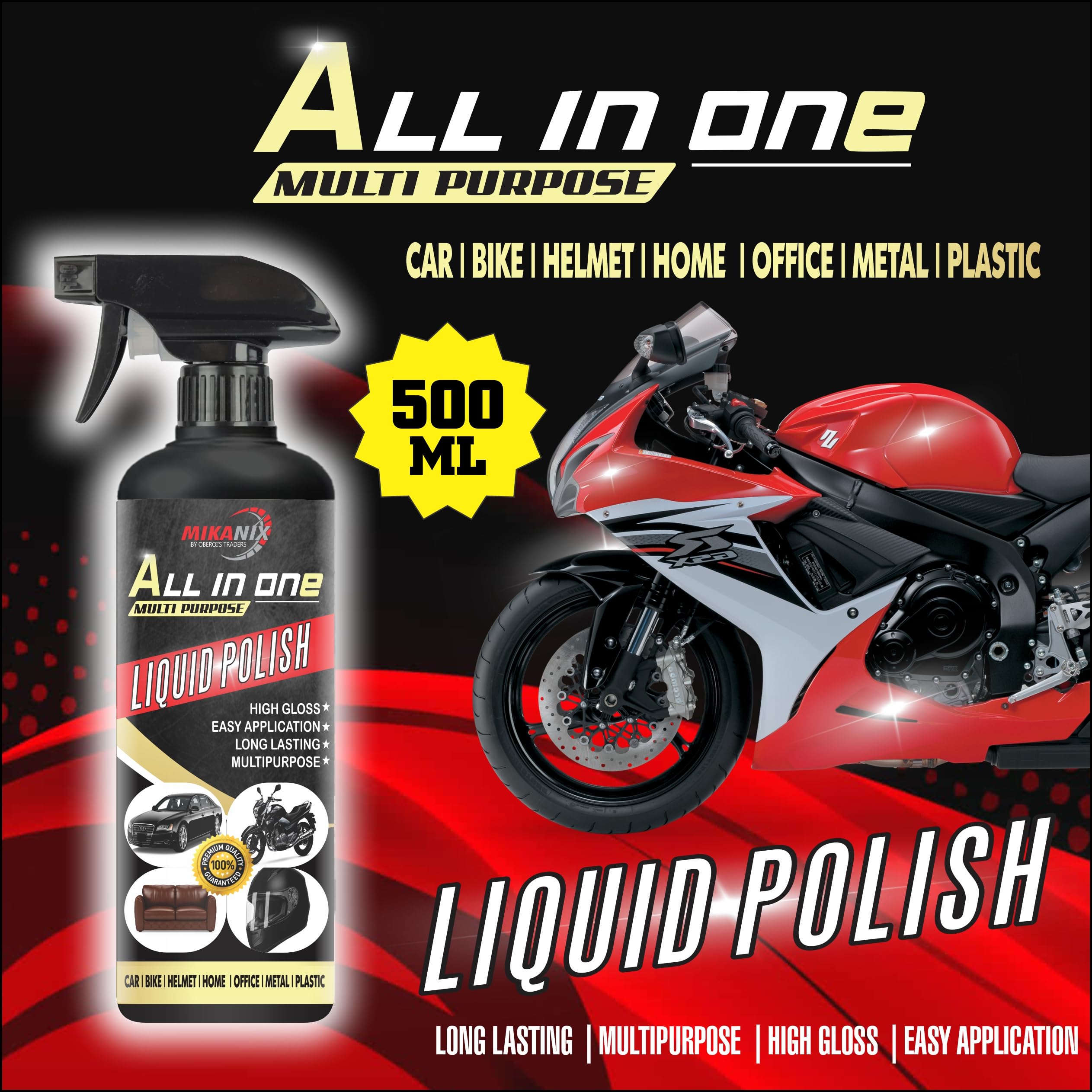 OBEROI'S TRADERS Combo of Chain Lubricant + Chain Cleaner + Bike & Car Polish With Cleaning Brush Cleans | Shines & Protects Chain | Car Dashboard Interior & Exterior Cleaning (1500 ml)