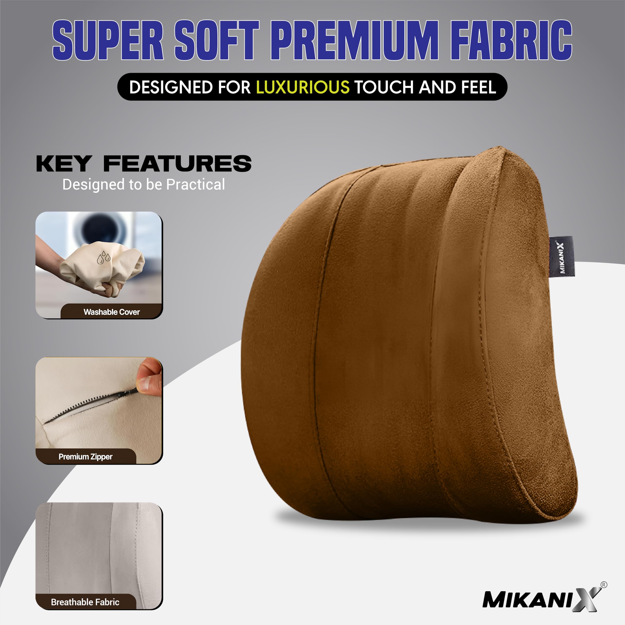 MIKANIX Car Headrest Pillow | Polyfill Fiber Cotton Neck/Head Support Cushion | Ergonomic Travel Headrest | Comfortable Car Seat Pillow | Breathable Soft Cover | Universal Fit (Brown)