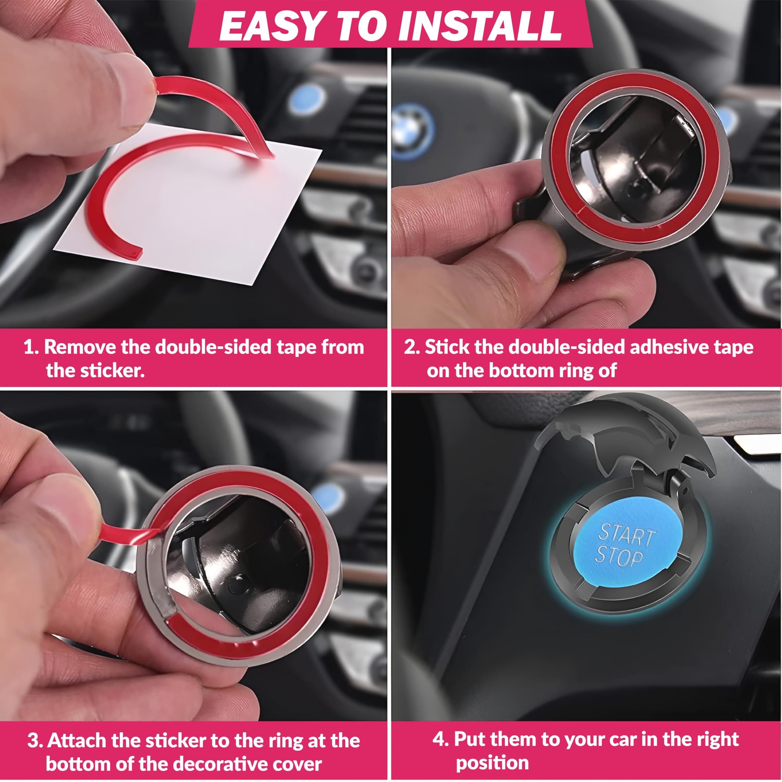 MIKANIX Car Engine Start Stop Button Iron Man Style Cover I ABS Material, Sticky Adhesive, Push Start Ignition Protective Cove, Decorative Auto Accessories Universal for All Cars (Pink)