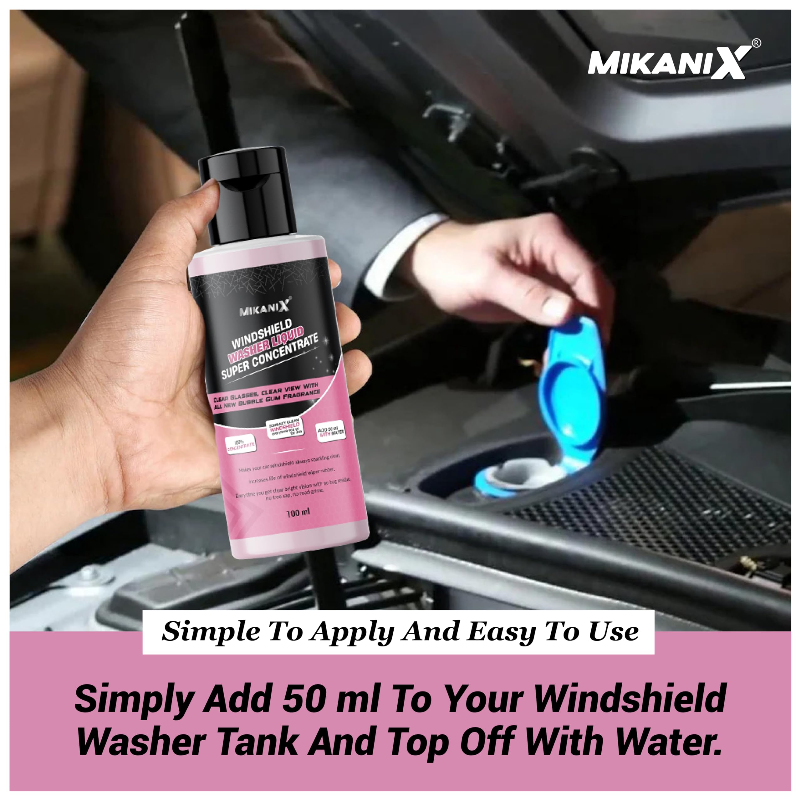 MIKANIX Windshield Washer Fluid For Car | Car Glass & Wiper Cleaner Liquid | Concentrate Form | To Remove Dirt, Grime and Bugs | Improve Visibility | Antifreeze Protection