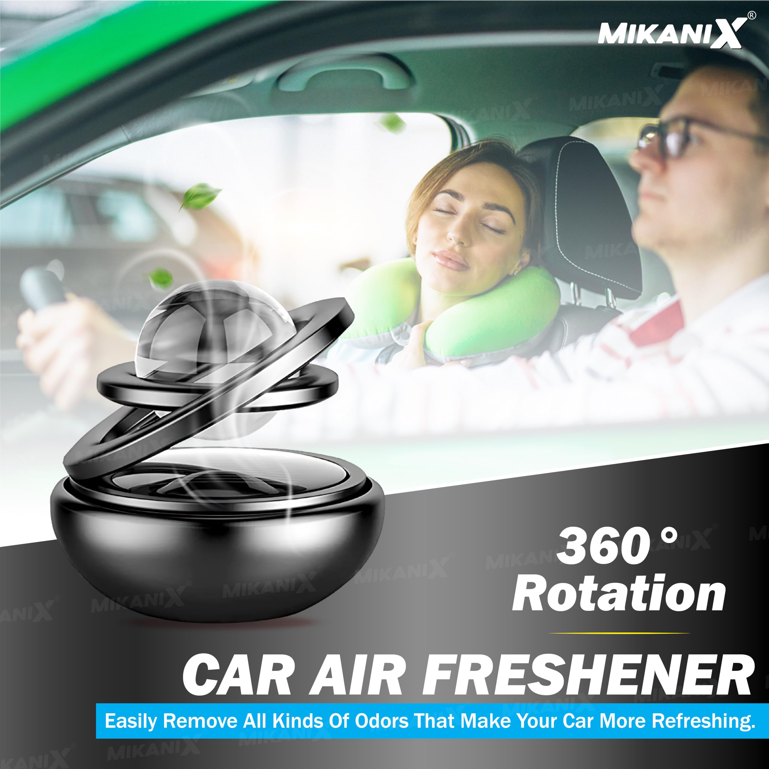 Mikanix Solar Energy Rotating Car Dashboard Air Freshener/Perfume Diffuser/Dispenser | Alloy Body & Crystal Design With Perfume Liquid For Car Interior & Home Air Freshener (Black), Pack Of 1