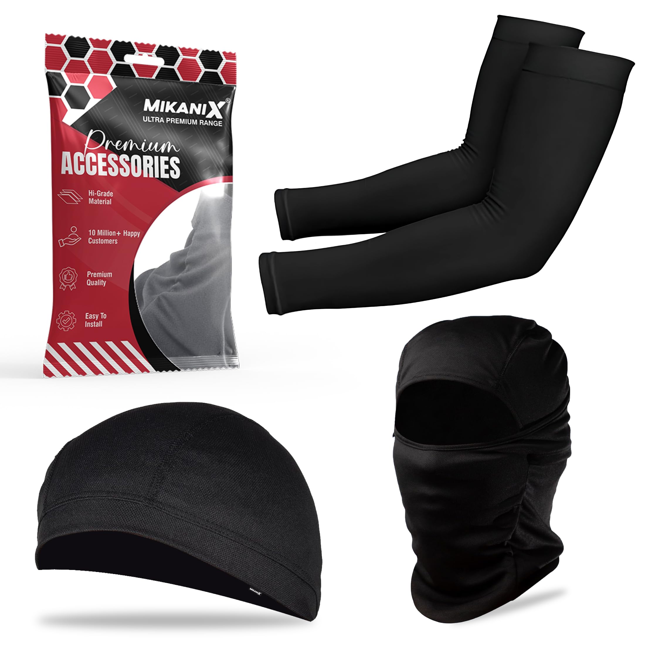 OBEROI'S TRADERS Men's Balaclava, Arm Sleeves & Skull Cap Combo for Bike Riding, Motorcycling, Outdoor Sports. Washable, Dust Protection, UV Protection, Adjustable, Free Size, Comfortable, Black