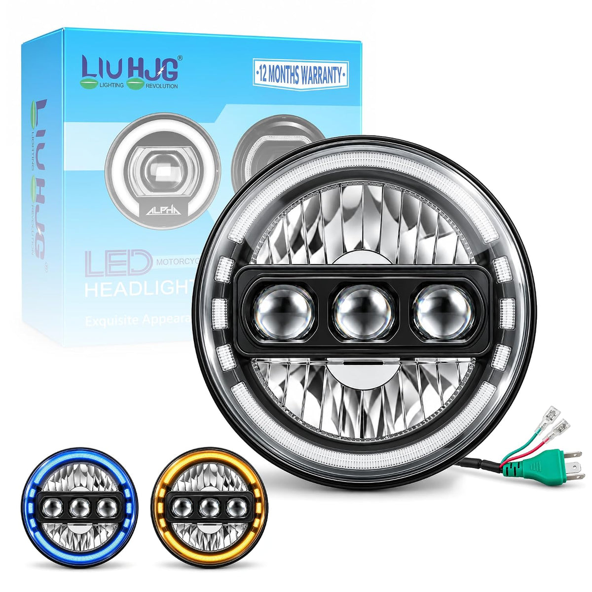 MIKANIX 7-Inch LED Projector HJG Motorcycle Headlight | Dual Beam Low & High Beam | 55W Low Beam | 78W High Beam With Blue & Amber Mode Universal For Thar, Suv & Bike's