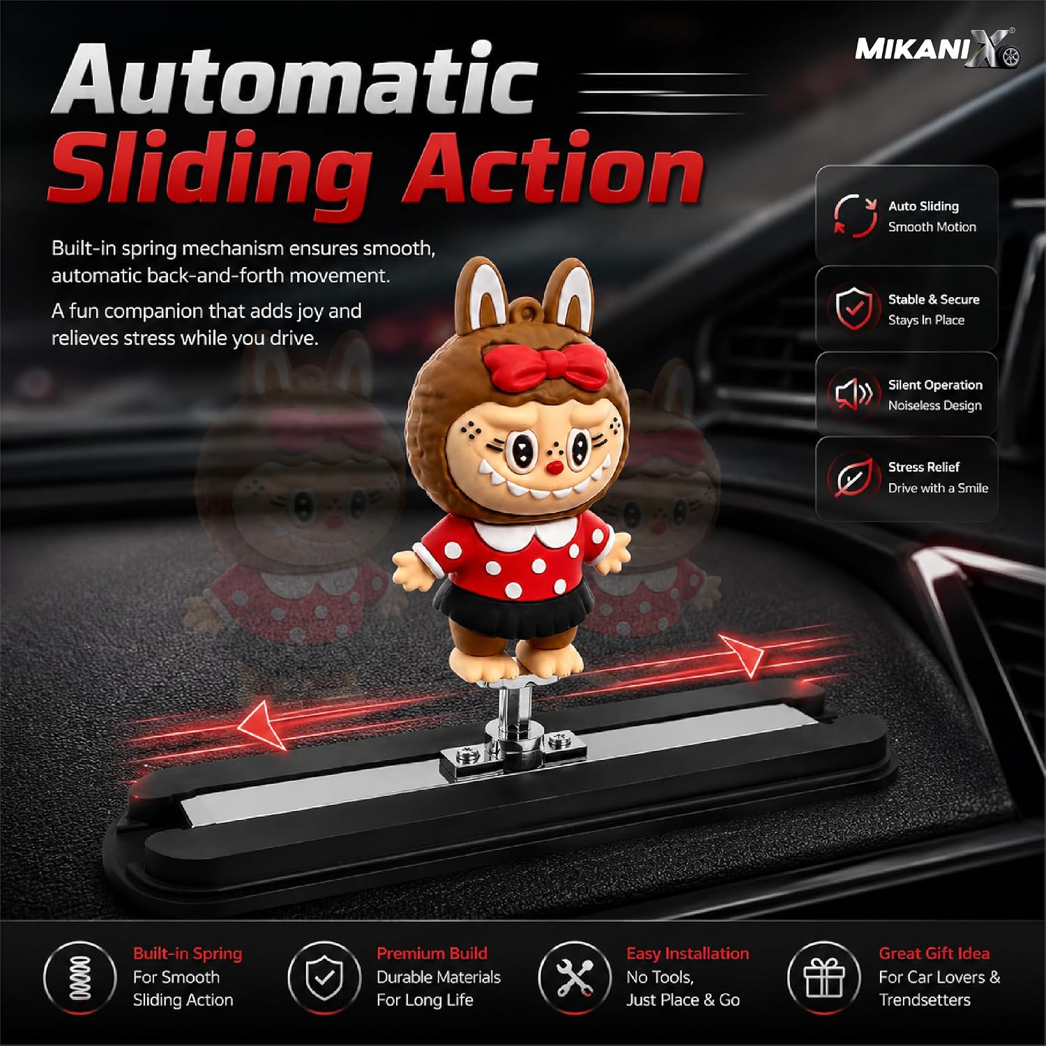 MIKANIX Auto Sliding Car Dashboard Decoration Cute Anime Pooh Character Moving Ornament Interior Accessory
