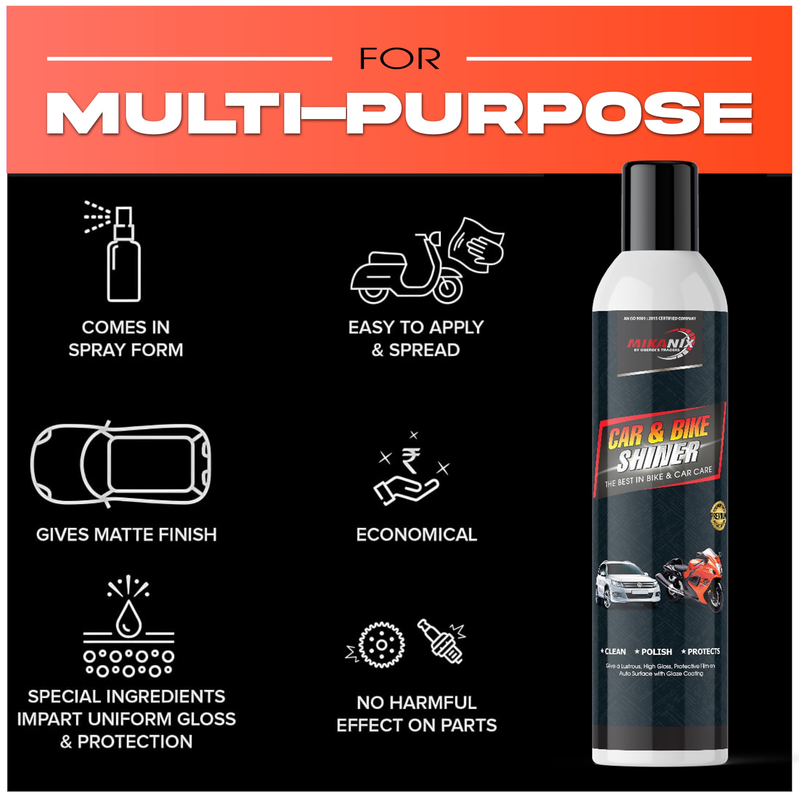 OBEROI'S TRADERS Foaming Bike and Car Shiner | Cleaner | Polish Spray | Removes Toughest Dirt & Road Grims for Interior & Exterior