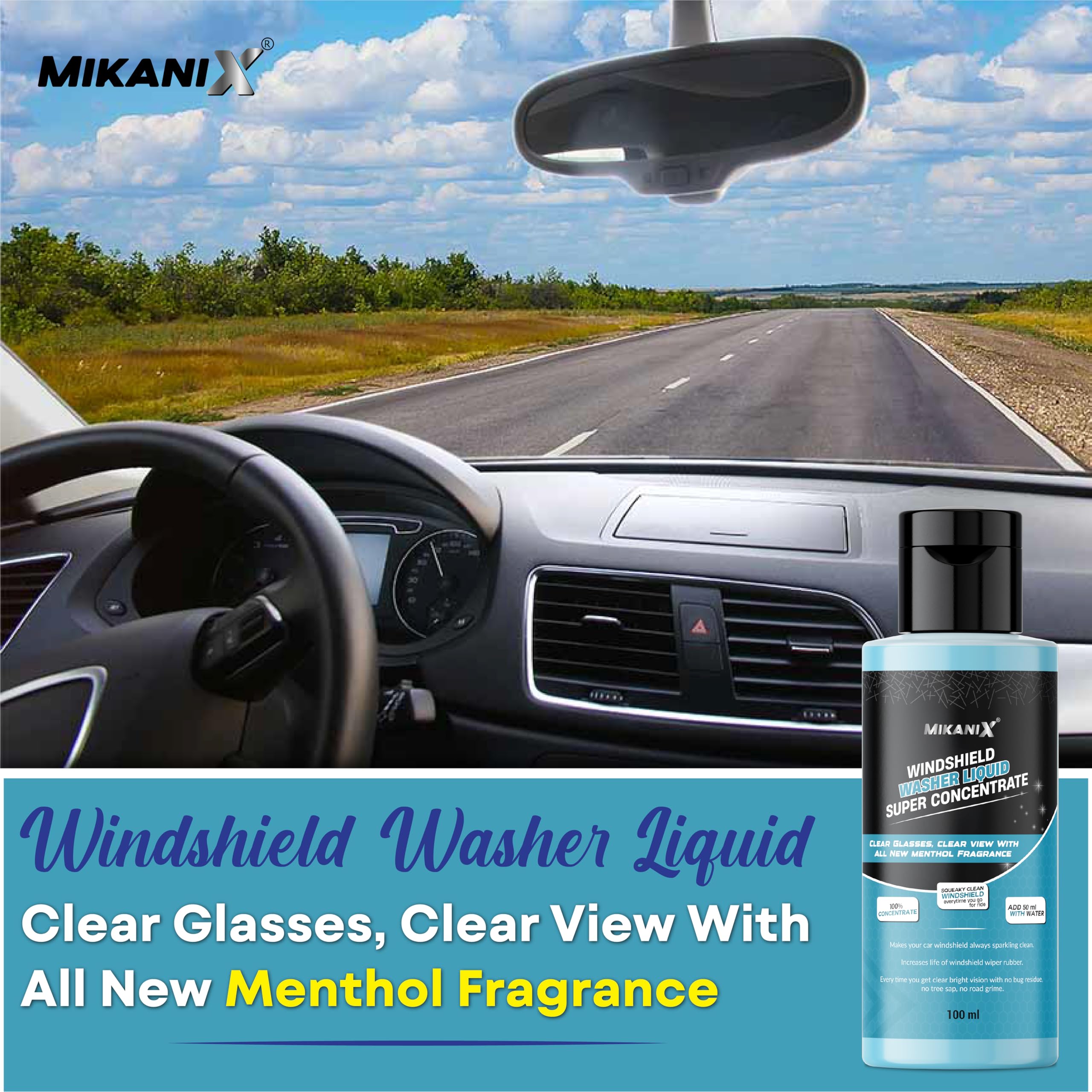 MIKANIX Windshield Washer Fluid For Car | Car Glass & Wiper Cleaner Liquid | Concentrate Form | To Remove Dirt, Grime and Bugs | Improve Visibility | Antifreeze Protection
