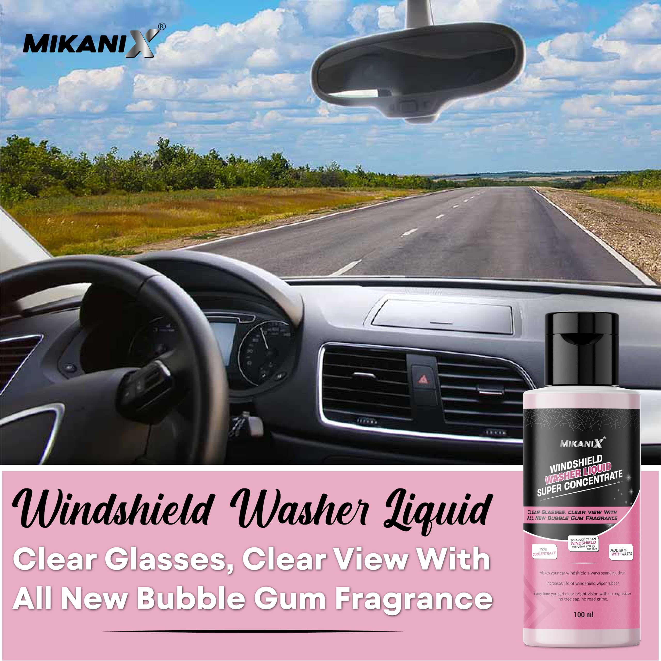 MIKANIX Windshield Washer Fluid For Car | Car Glass & Wiper Cleaner Liquid | Concentrate Form | To Remove Dirt, Grime and Bugs | Improve Visibility | Antifreeze Protection