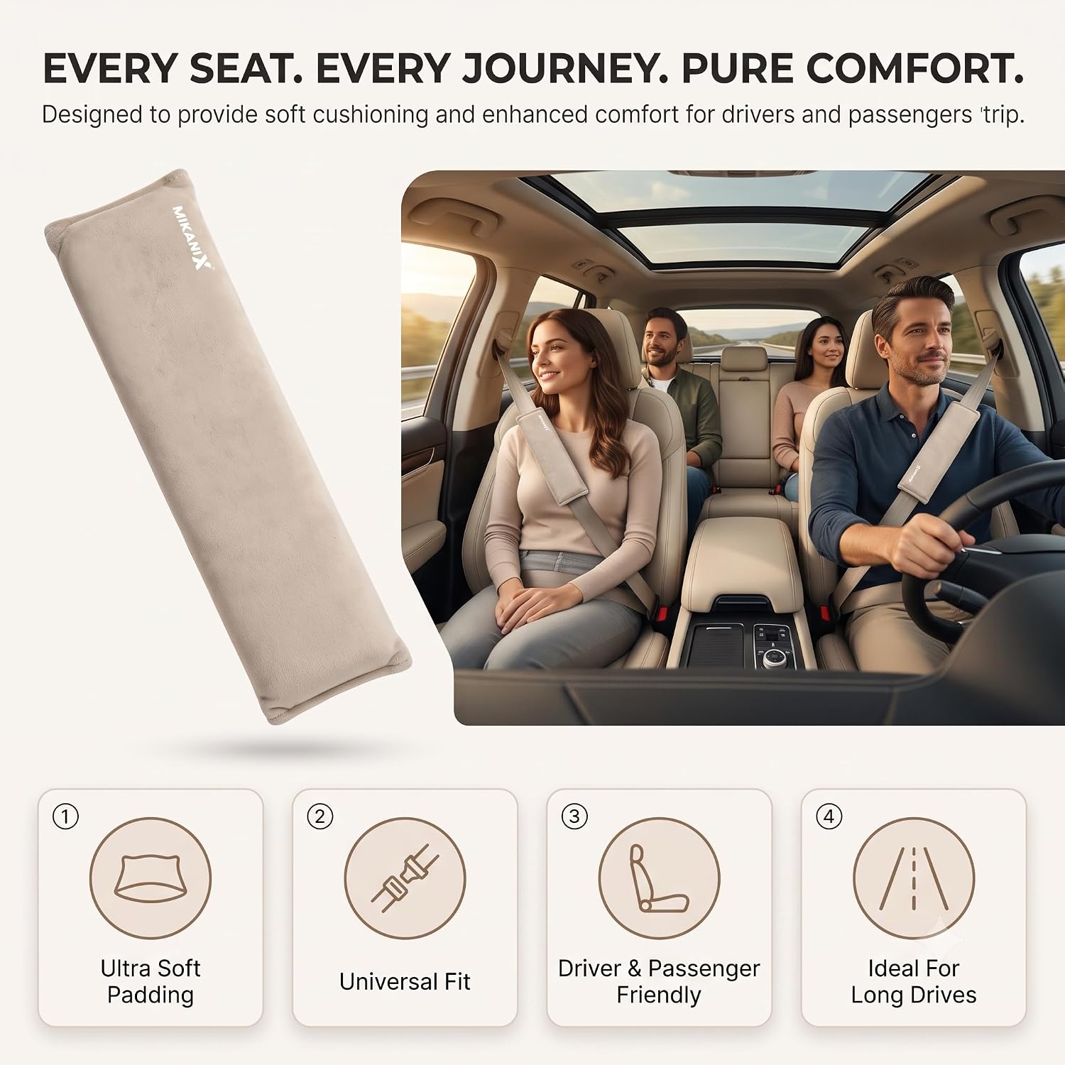 MIKANIX Car Seat Belt Shoulder Pad | Ultra Soft Fabric Suede Belt Cover | Universal Seat Belt Sleeve For Cars, SUVs & Vehicles | Reduces Shoulder Pressure & Neck Comfort for Daily & Long Drives