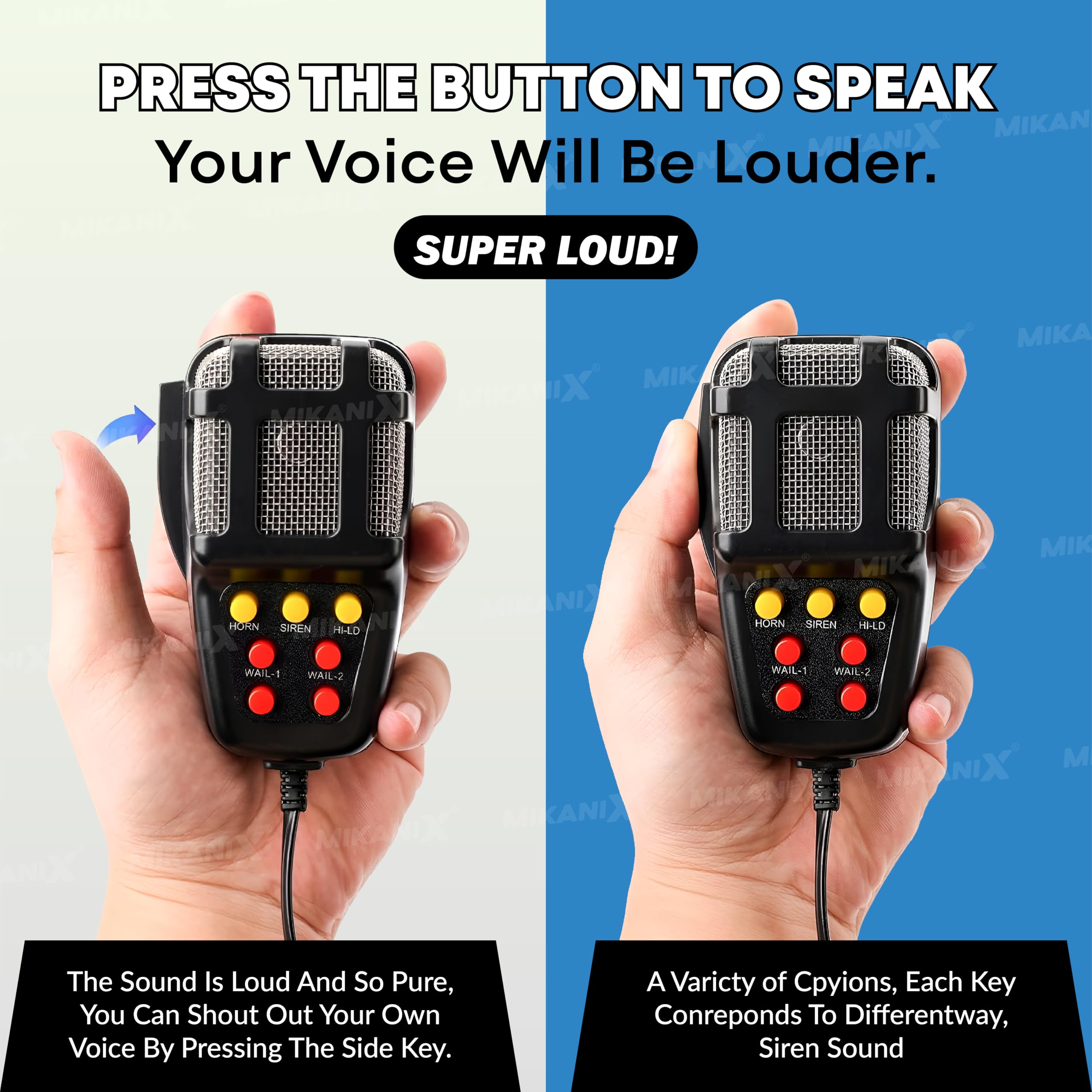 MIKANIX 7 Tone Police Car & Bike Siren Horn Hooter with Mic | PA Speaker System | Super Loud Sound | DC 12V | Remote Control Alarm Buzzer