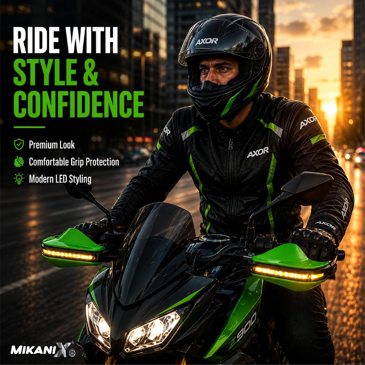 MIKANIX Universal Motorcycle Hand Guard with DRL LED Light | Brake & Clutch Lever Protector | Wind Deflector Hand Guard for All Bikes & Motorcycles