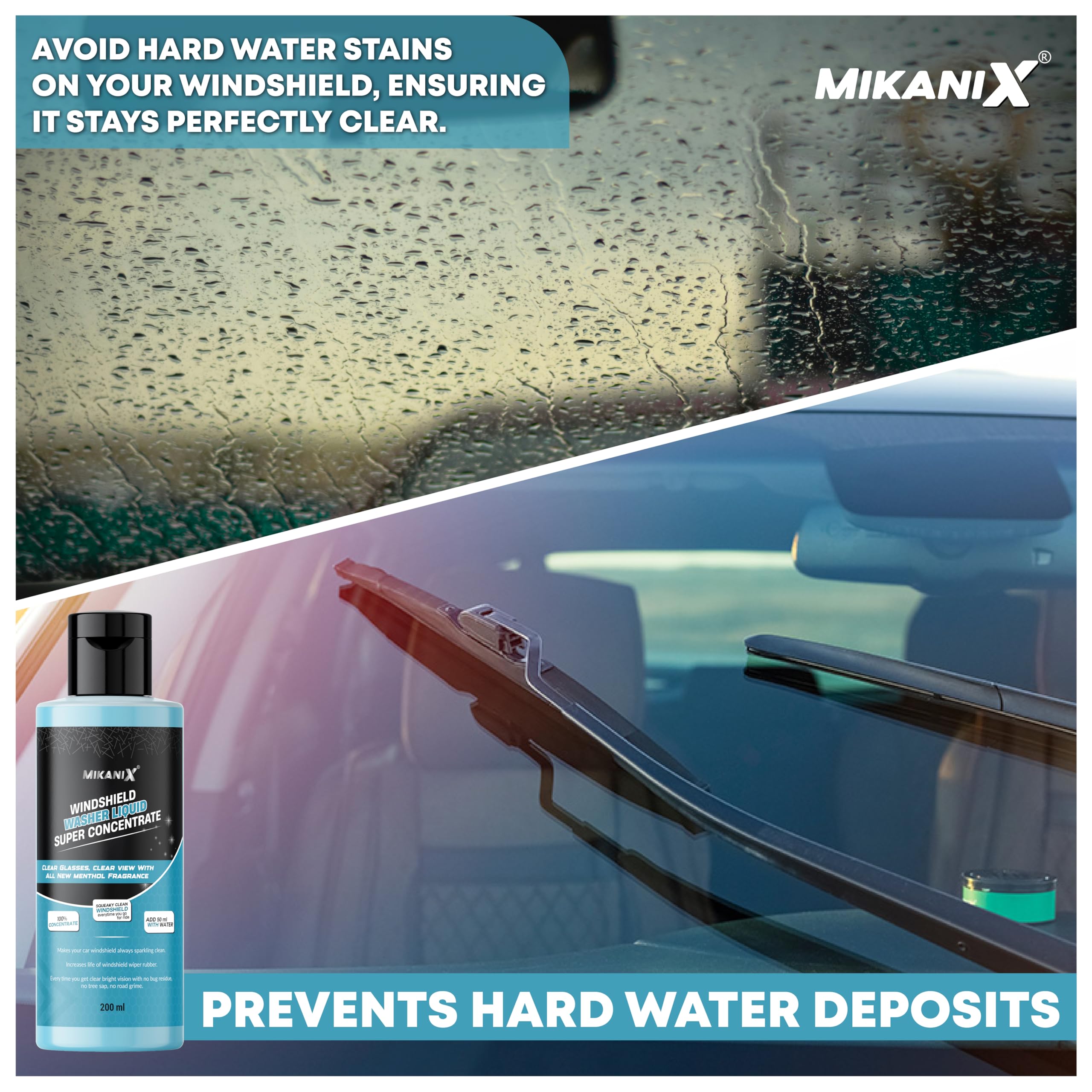 MIKANIX Windshield Washer Fluid For Car | Car Glass & Wiper Cleaner Liquid | Concentrate Form | To Remove Dirt, Grime and Bugs | Improve Visibility | Antifreeze Protection