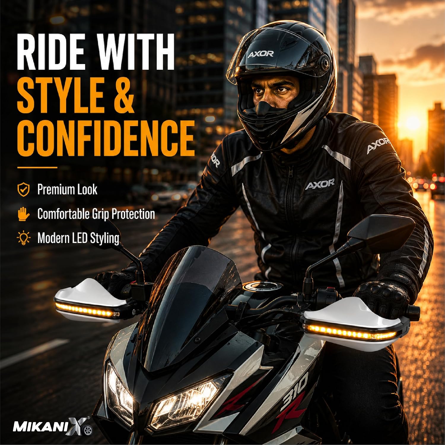 MIKANIX Universal Motorcycle Hand Guard with DRL LED Light | Brake & Clutch Lever Protector | Wind Deflector Hand Guard for All Bikes & Motorcycles