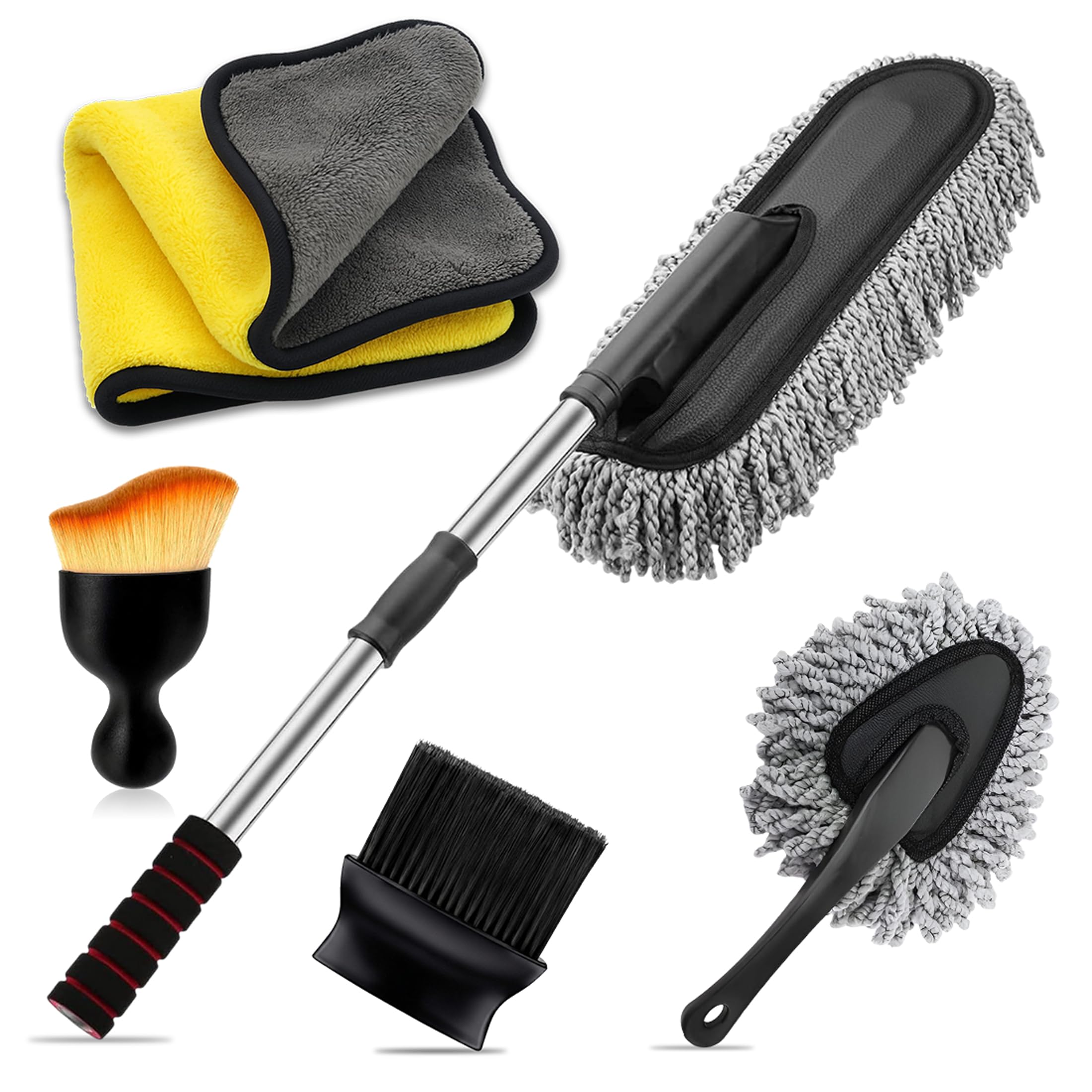OBEROI'S TRADERS 5-in-1 Microfiber Car Cleaning Kit | Extendable Microfiber Duster, Detailing & AC Vent Brushes, Cleaning Cloth | Scratch-Free Interior & Exterior Car Care Tools