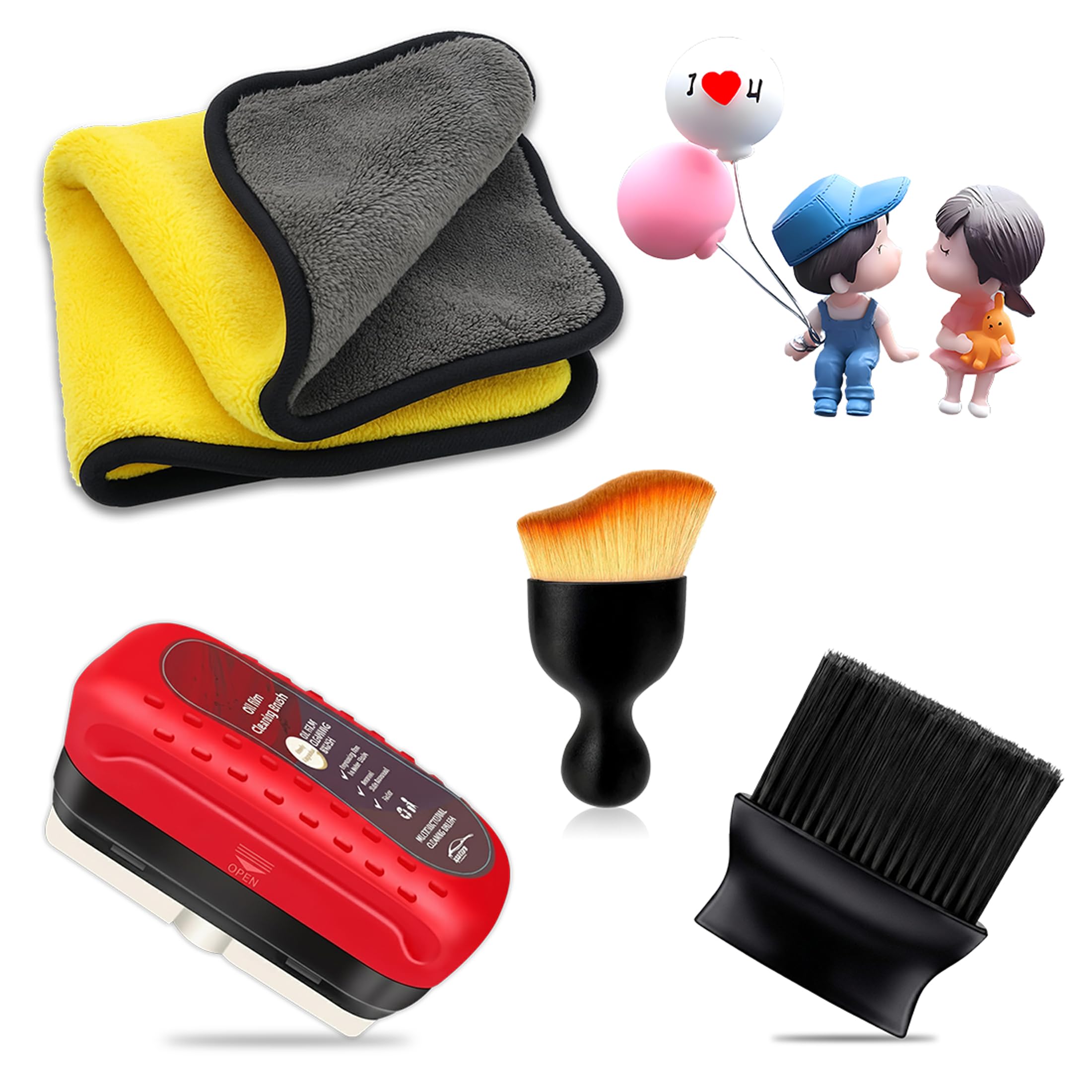 5 in 1 Car Cleaning Kit with Microfiber Cloth | AC Vent Dusting Brushes, Car Glass Oil Film Remover, Window Cleaner, DetailingBrush & Cute Couple Figurine | Scratch-Free Auto Accessories