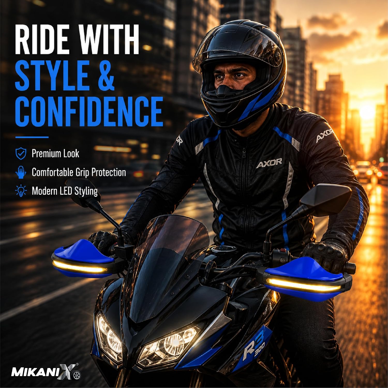 MIKANIX Universal Motorcycle Hand Guard with DRL LED Light | Brake & Clutch Lever Protector | Wind Deflector Hand Guard for All Bikes & Motorcycles