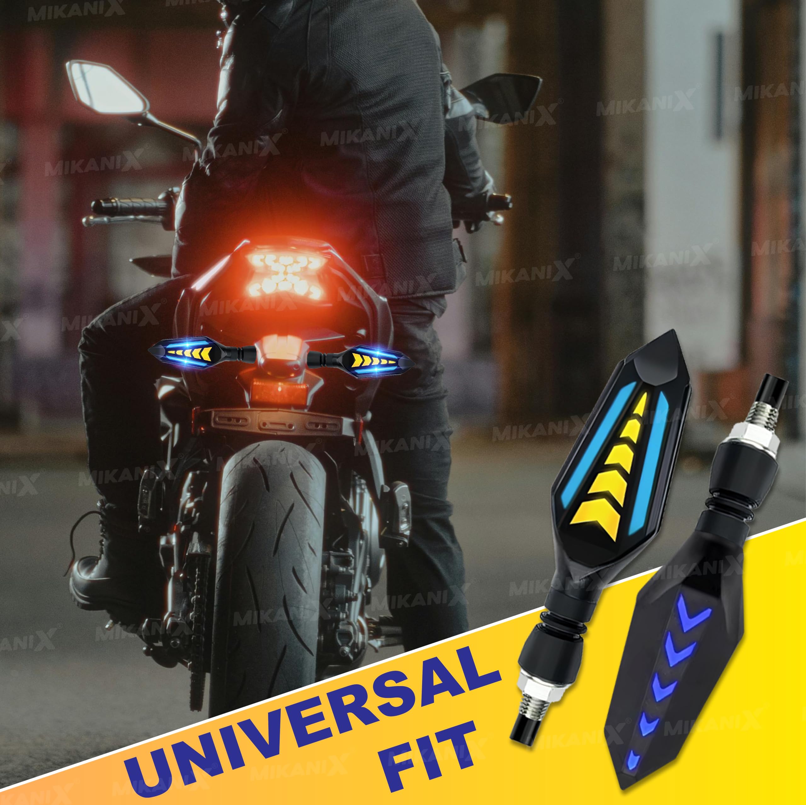 MIKANIX Universal Yellow/Blue LED Running Light DRL Bike Turn Signal Indicator Lamp Universal for Motorbikes