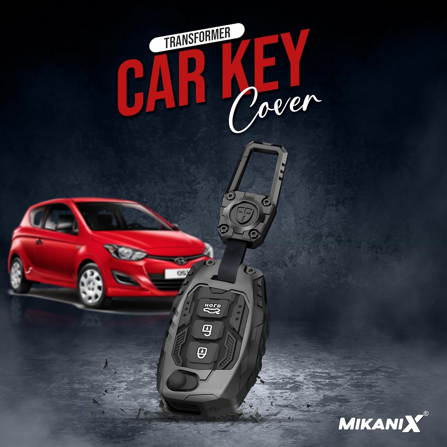 MIKANIX Transformer Series Car Key Cover | Metal Black Soft Silicone Key Shell with Keychain for Creta, Exter, i10 Grand Nios, i20 Elite, i20 (2020), Aura, Venue, i20 Active, Xcent (i10)