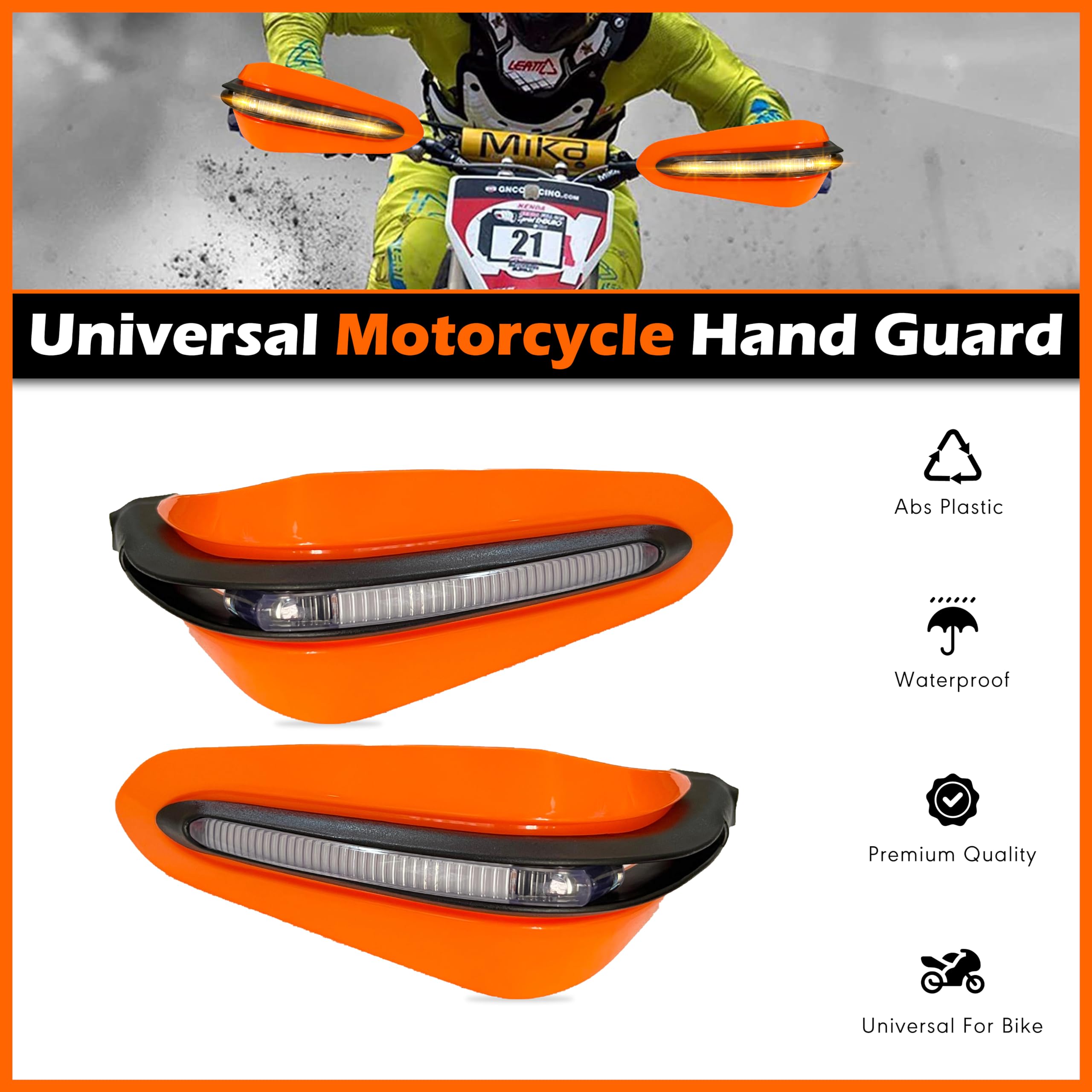 MIKANIX Motorcycle Universal Hand Guard/Brake, Clutch Lever Guard/Wind Deflector with DRL LED Light for All Bikes (Orange)