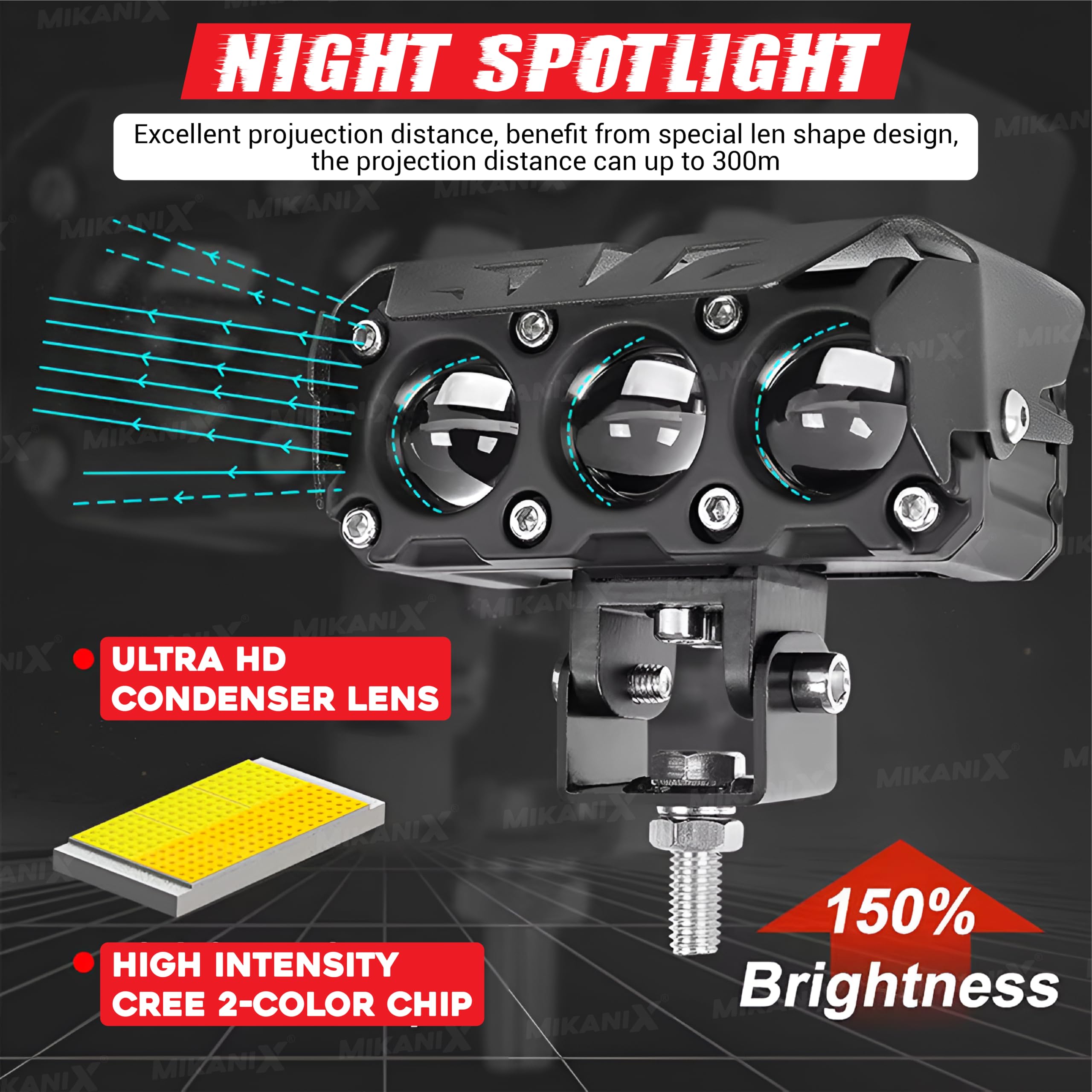 MIKANIX 1 YEAR WARRANTY Super Bright 3 Led Fog Light Lamp | White & Yellow | High/Low Beam | 4 Modes of Flashing Spotlight With Switch Universal for Bikes, Cars, SUVs & Thar