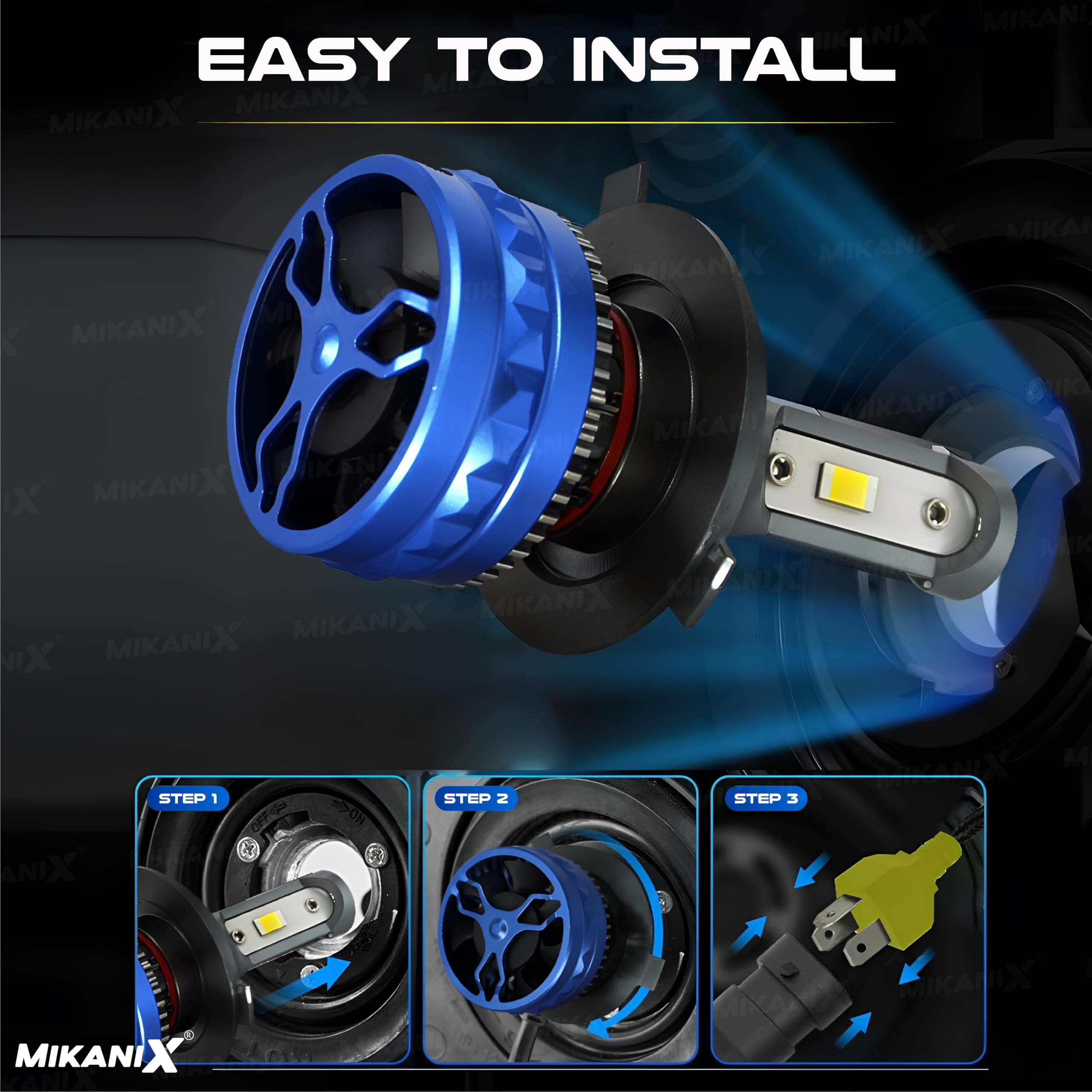 MIKANIX 1 YEAR WARRANTY Ultra Bright H4 Fitting 120 Watt LED Headlight Bulb|High And Low Beam|Lens Projector Headlamp Bulb With Cooling Fan For All Bikes & Scooters, White