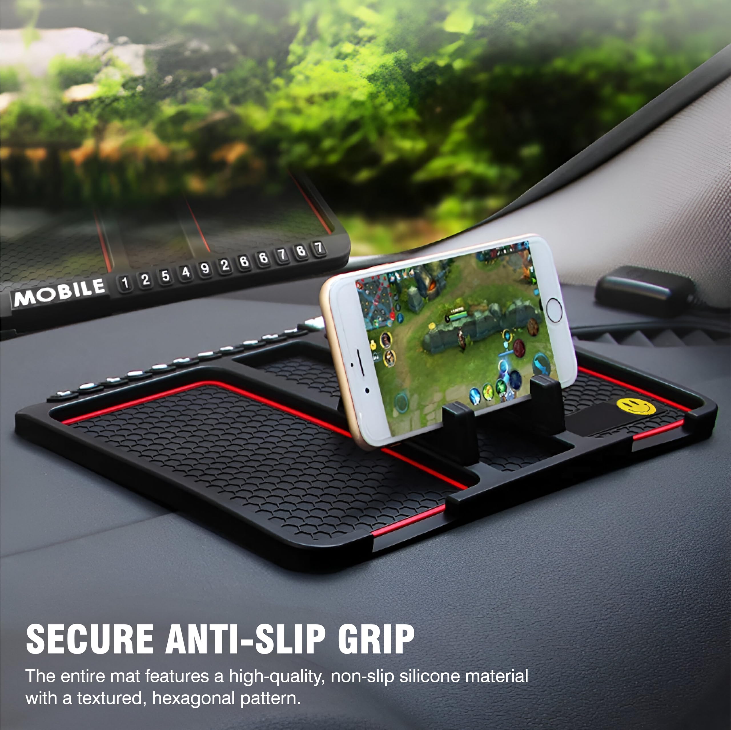 MIKANIX Anti-Slip Car Dashboard Mat with Mobile Holder & Number Display | Silicone Non-Slip Phone Pad | Universal Dashboard Accessories for Car | Mobile Stand with Number Plate Stickers