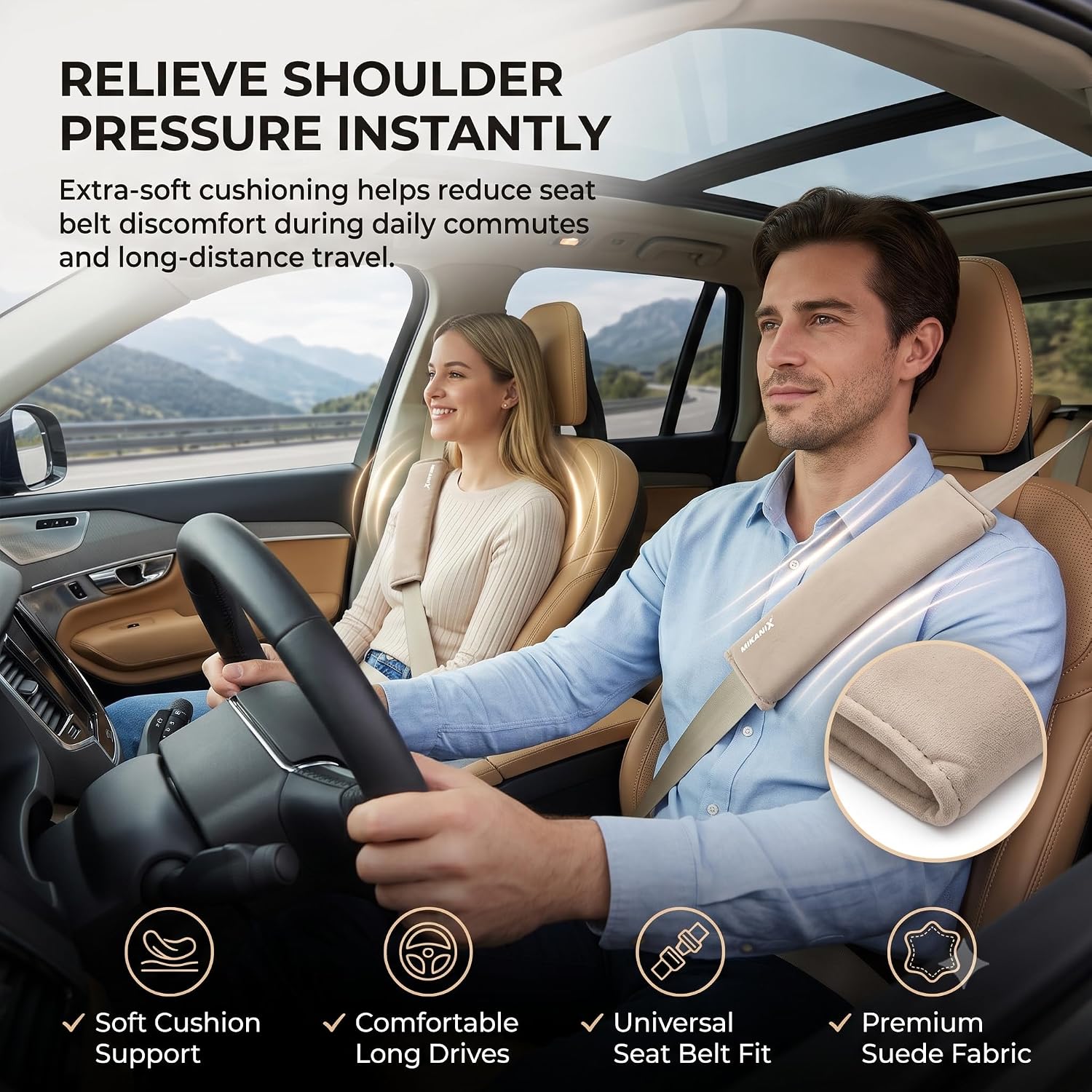 MIKANIX Car Seat Belt Shoulder Pad | Ultra Soft Fabric Suede Belt Cover | Universal Seat Belt Sleeve For Cars, SUVs & Vehicles | Reduces Shoulder Pressure & Neck Comfort for Daily & Long Drives