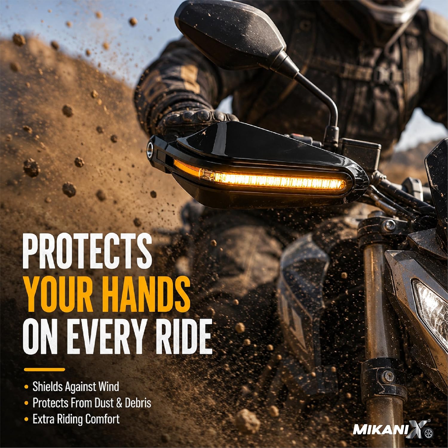 MIKANIX Universal Motorcycle Hand Guard with DRL LED Light | Brake & Clutch Lever Protector | Wind Deflector Hand Guard for All Bikes & Motorcycles