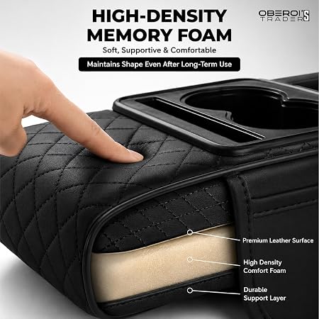 MIKANIX Car Center Console Armrest Cushion | Waterproof Leather Car Armrest Pad with Cup Holder, Phone Slot & Tissue Organizer for Top Hinged Consoles