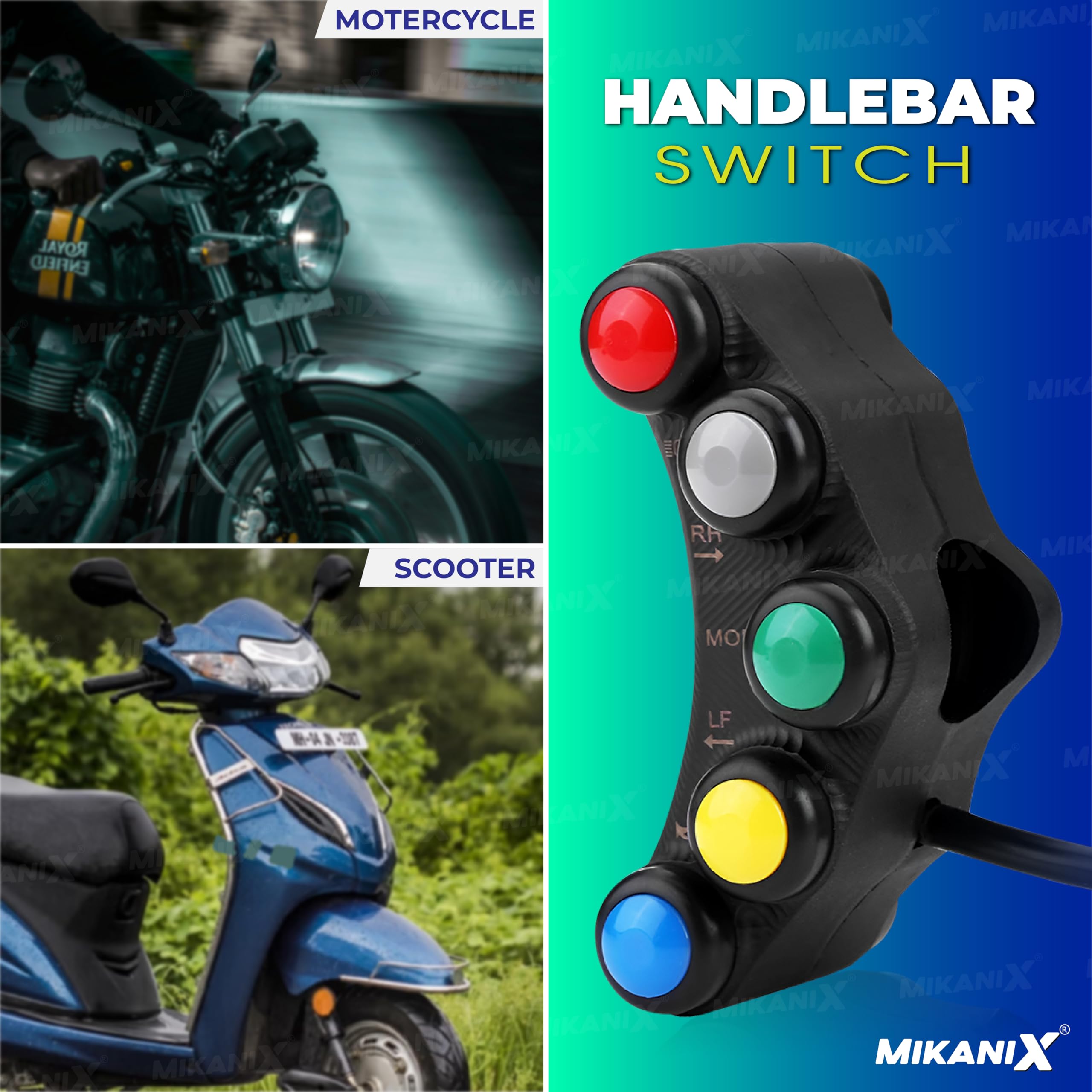 Moto GP Universal Bike Headlight/Turn Signal Light Pilot Switch 5 Way Multipurpose 3 On/Off Switch/Buttons with 2 Horn Push Buttons for Handle Bar Grip