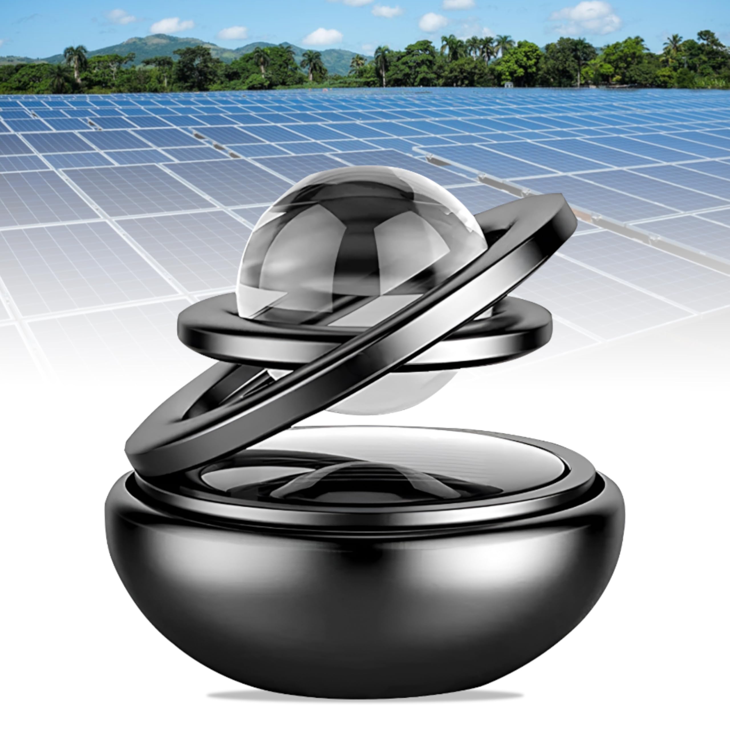 Mikanix Solar Energy Rotating Car Dashboard Air Freshener/Perfume Diffuser/Dispenser | Alloy Body & Crystal Design With Perfume Liquid For Car Interior & Home Air Freshener (Black), Pack Of 1