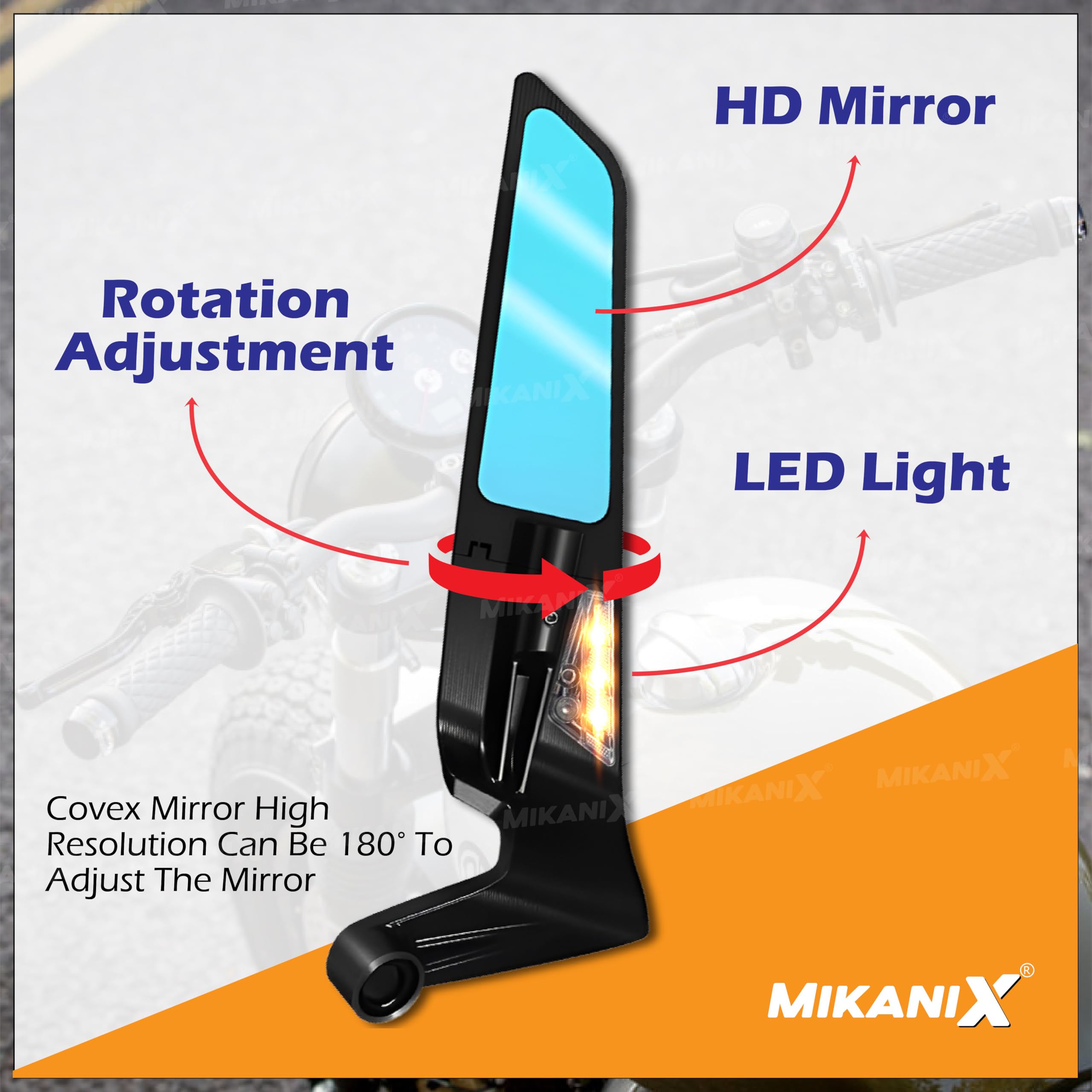 MIKANIX Bike Rear View Side Handle Bar LED York Nut Fitting Mirror | Stealth Convex Glass Mirror For All Motorcycle