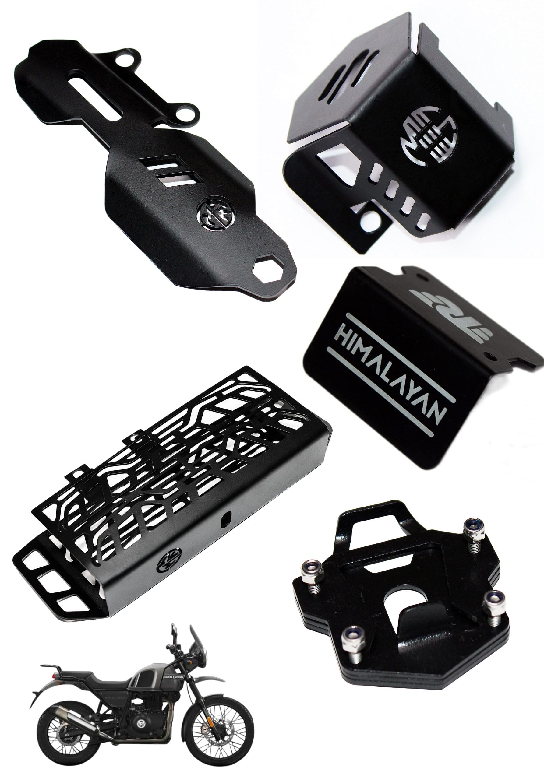 OBEROI'S TRADERS Himalayan Bike Radiator Guard Grill, Front Disc Oil Cap, Rear Brake Oil Container Guard, Master Cylinder Guard and Side Stand Extender Bike Accessories Combo