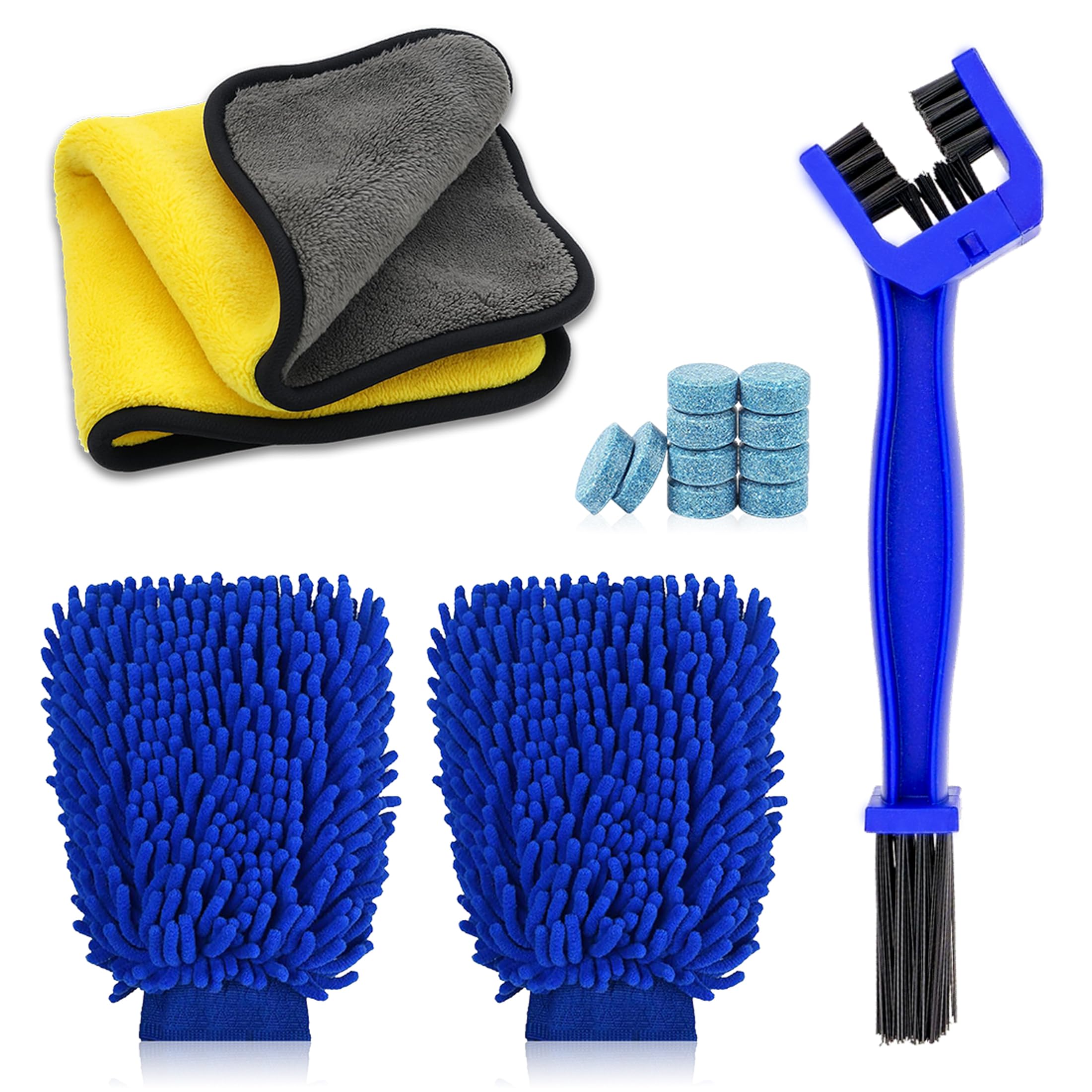 OBEROI'S TRADERS 4 in 1 Car Cleaning Combo Kit | Microfiber Cloth, 2 Wash Mitt Gloves, Chain Cleaning Brush & Windshield Washer Tablets | Car Interior & Exterior Bike Cleaning Tools