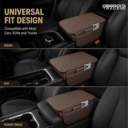 MIKANIX Car Center Console Armrest Cushion | Waterproof Leather Car Armrest Pad with Cup Holder, Phone Slot & Tissue Organizer for Top Hinged Consoles