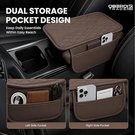 MIKANIX Car Center Console Armrest Cushion | Waterproof Leather Car Armrest Pad with Cup Holder, Phone Slot & Tissue Organizer for Top Hinged Consoles