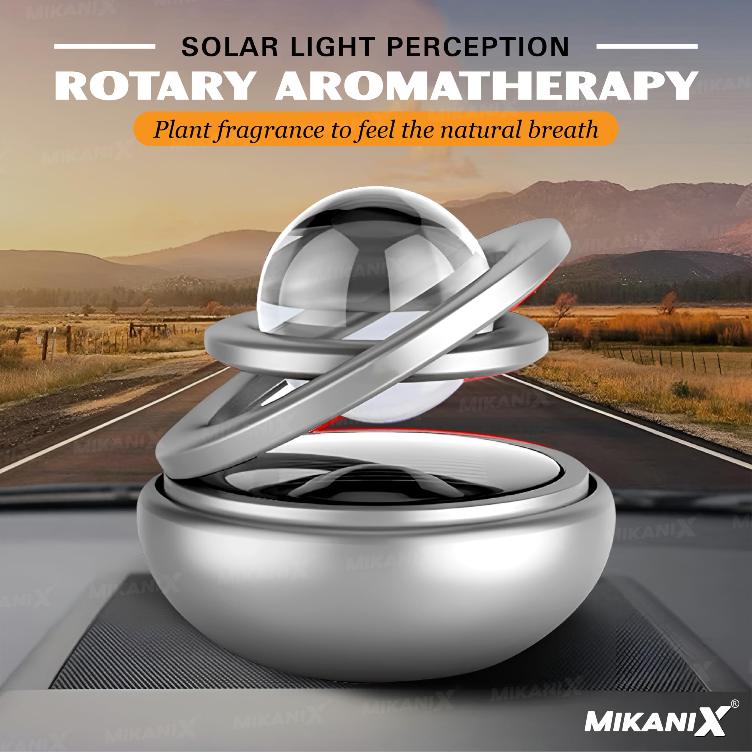 Mikanix Solar Energy Rotating Car Dashboard Air Freshener/Perfume Diffuser/Dispenser|Alloy Body & Crystal Design With Perfume Liquid For Car Interior & Home Air Freshener (Silver), Pack Of 1